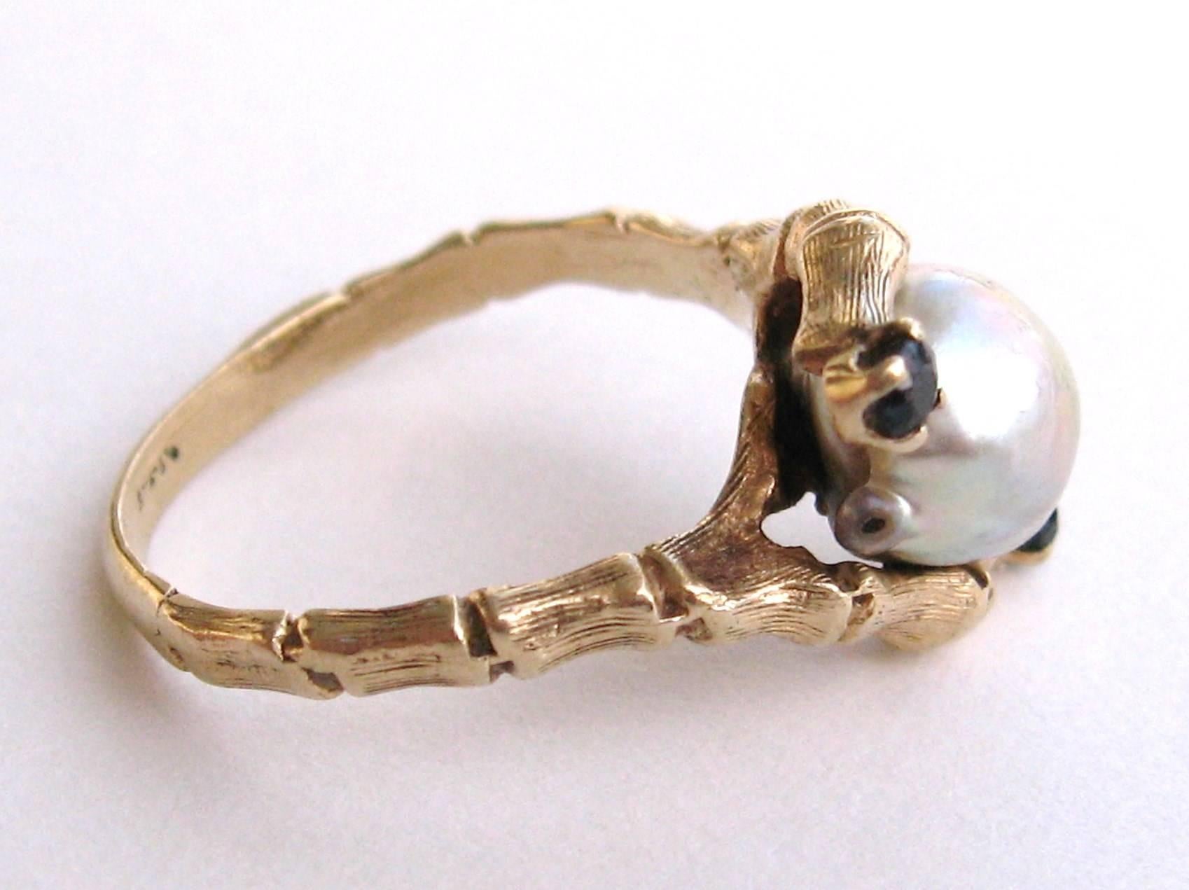 14 Karat Gold Mabe Perle Saphir Bambus Ring im Zustand „Gut“ im Angebot in Wallkill, NY
