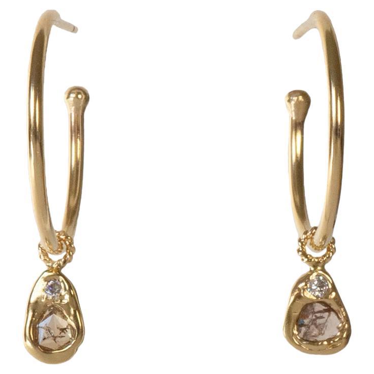 14 Karat Gold Medium Hoop Earrings with Diamond Slice Charms by Mon Pilar