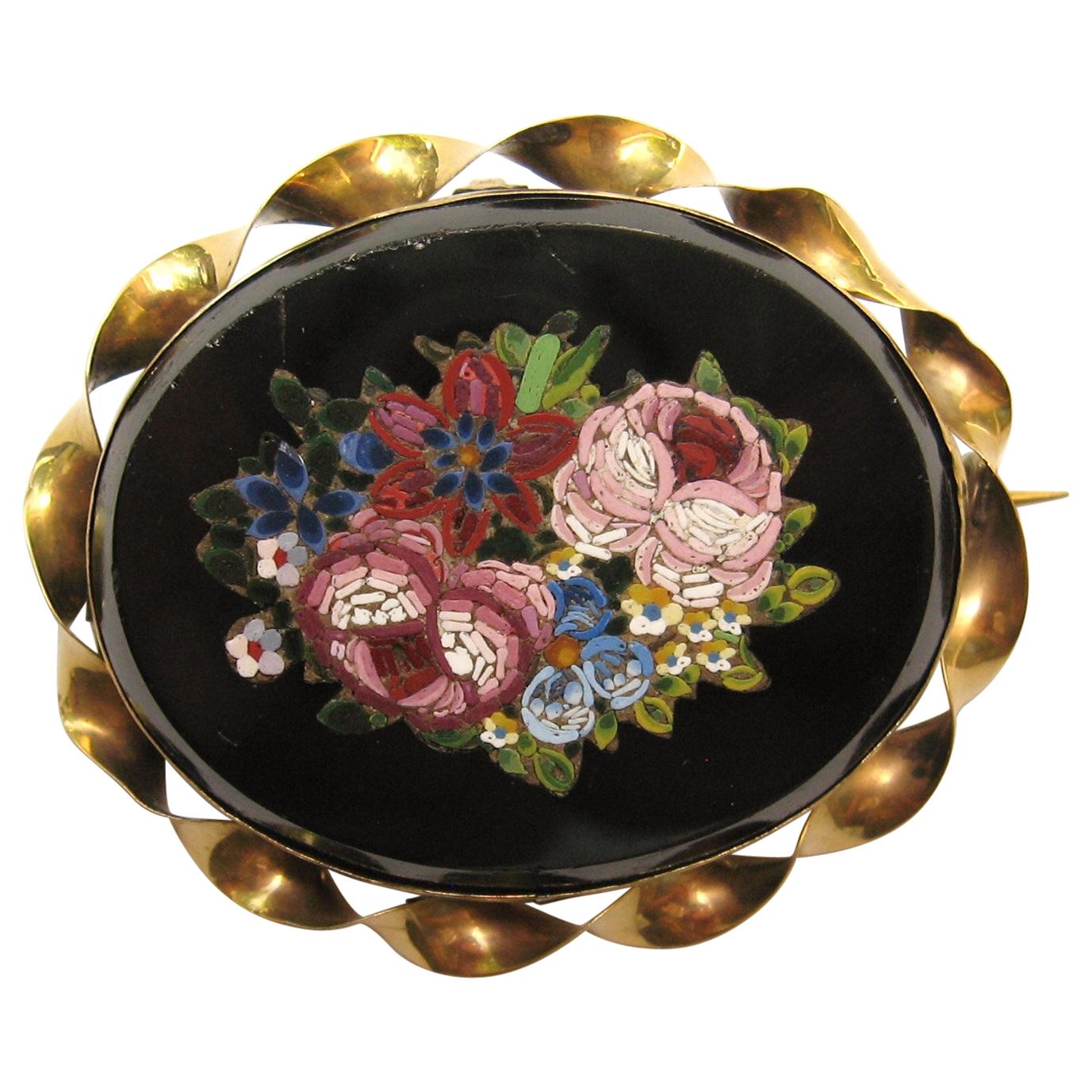 14 Karat Gold Micro Mosaic Floral Gold Pendant Brooch For Sale