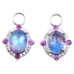 14 Karat Gold Moonstone Earring Drops with Diamonds and Pink Sapphire Designer 14 Karat Gold Moonstone Earring Drops with Diamonds and Pink Sapphire Designer