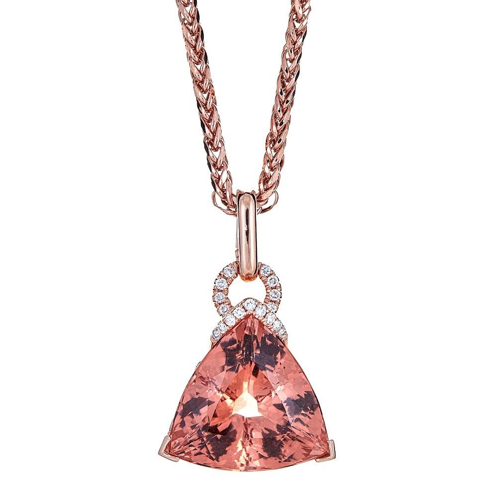 14 Karat Gold 64 Carat Trillion-Cut Morganite Diamond Solitaire Pendant Jewelry

The Trilliant-Cut Morganite Pendant Exudes the Subtle Beauty of Peachy Roses. This Enchanting Trilliant-Cut Morganite Pendant is Crafted in 14k Rose Gold and has 0.80