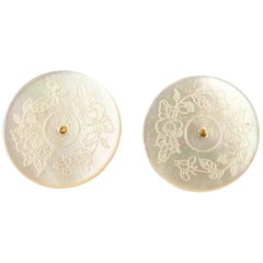 14 Karat Gold Mother of Pearl Coin Carved Flower Stud Handmade Chic Earrings
