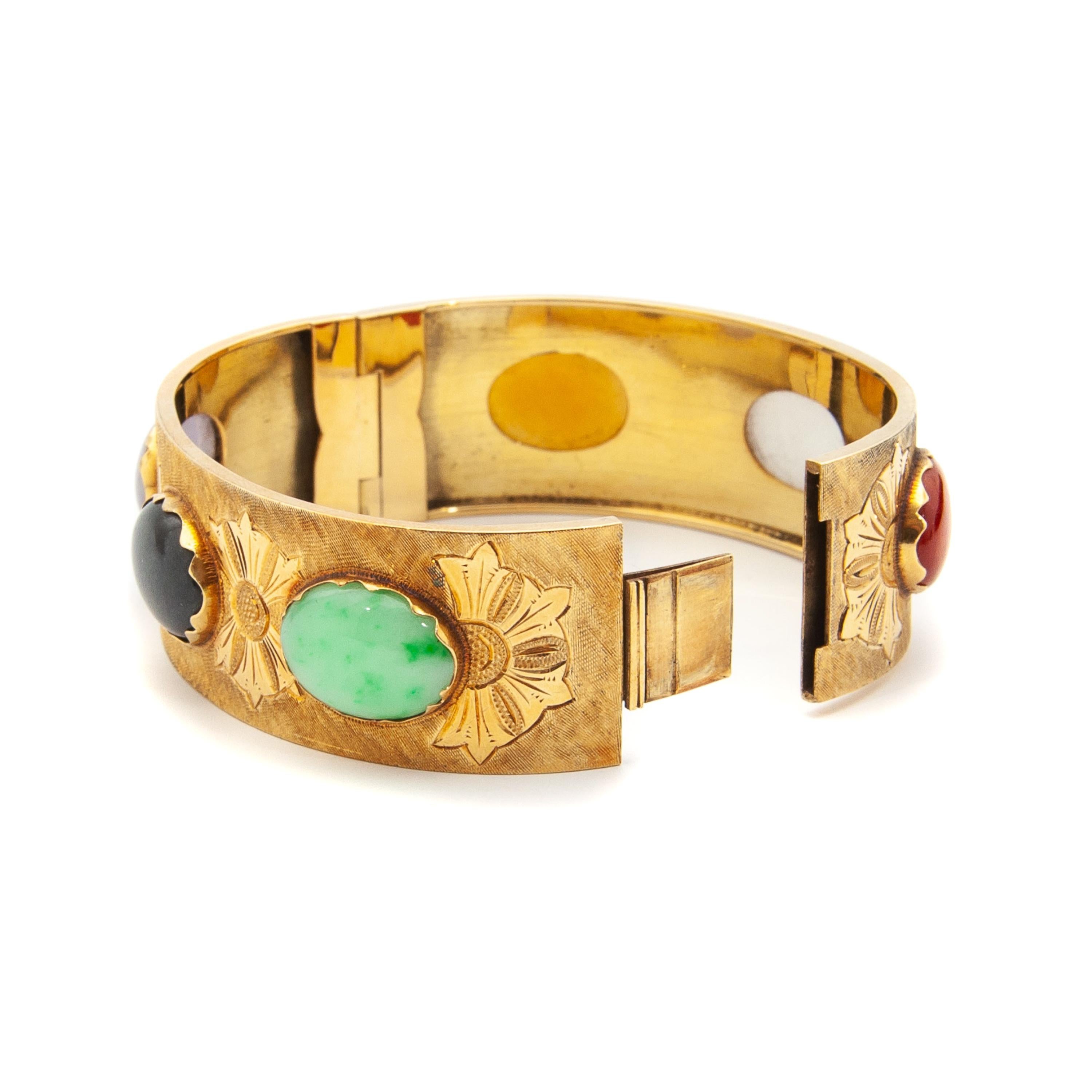 Women's Vintage Multi Colored Jade 14K Gold Bangle Bracelet, A-Jade Certified For Sale