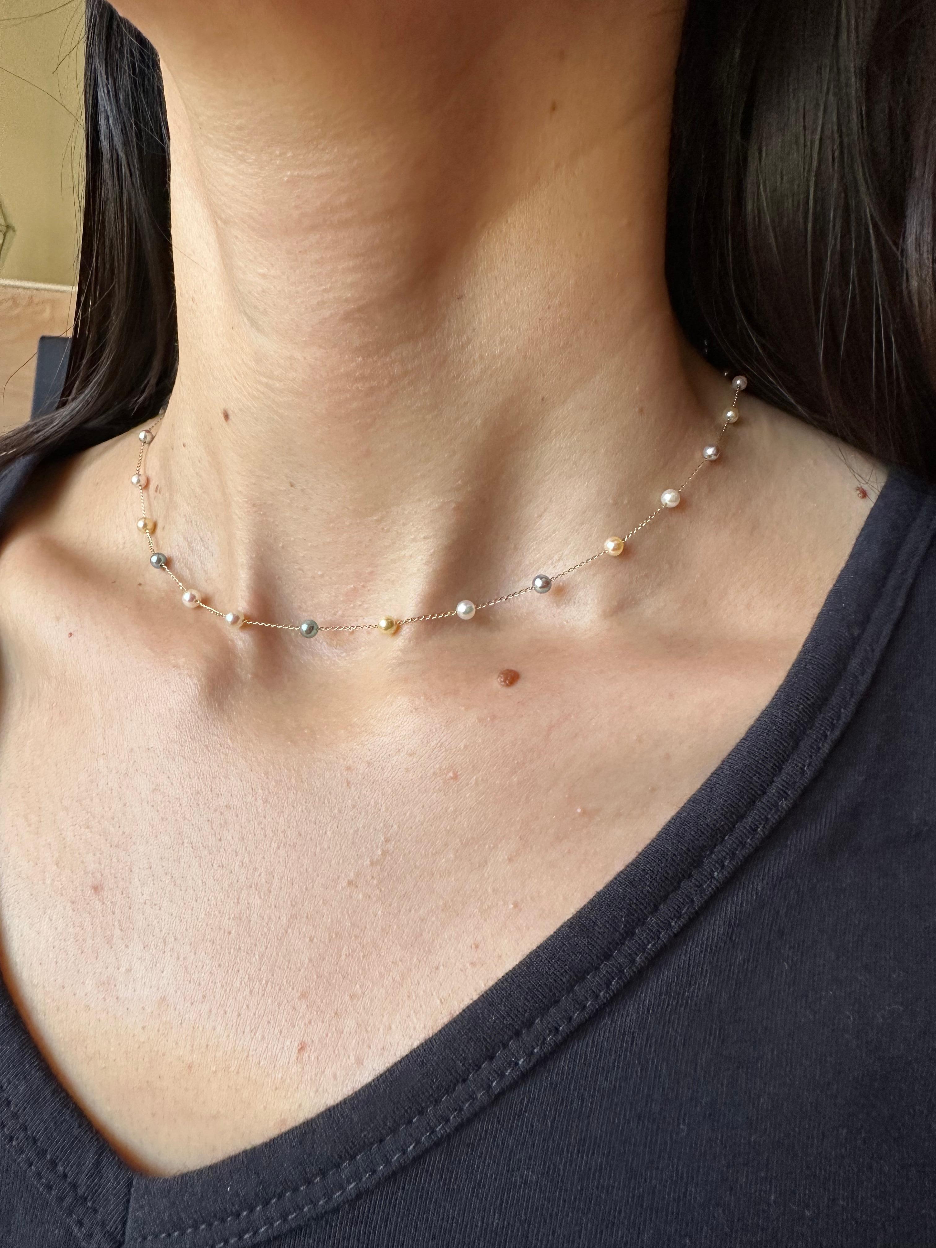 14 Karat Gold Multicolor Akoya Pearl Bead Thin Chain Layer Dainty Necklace In New Condition For Sale In Oakton, VA