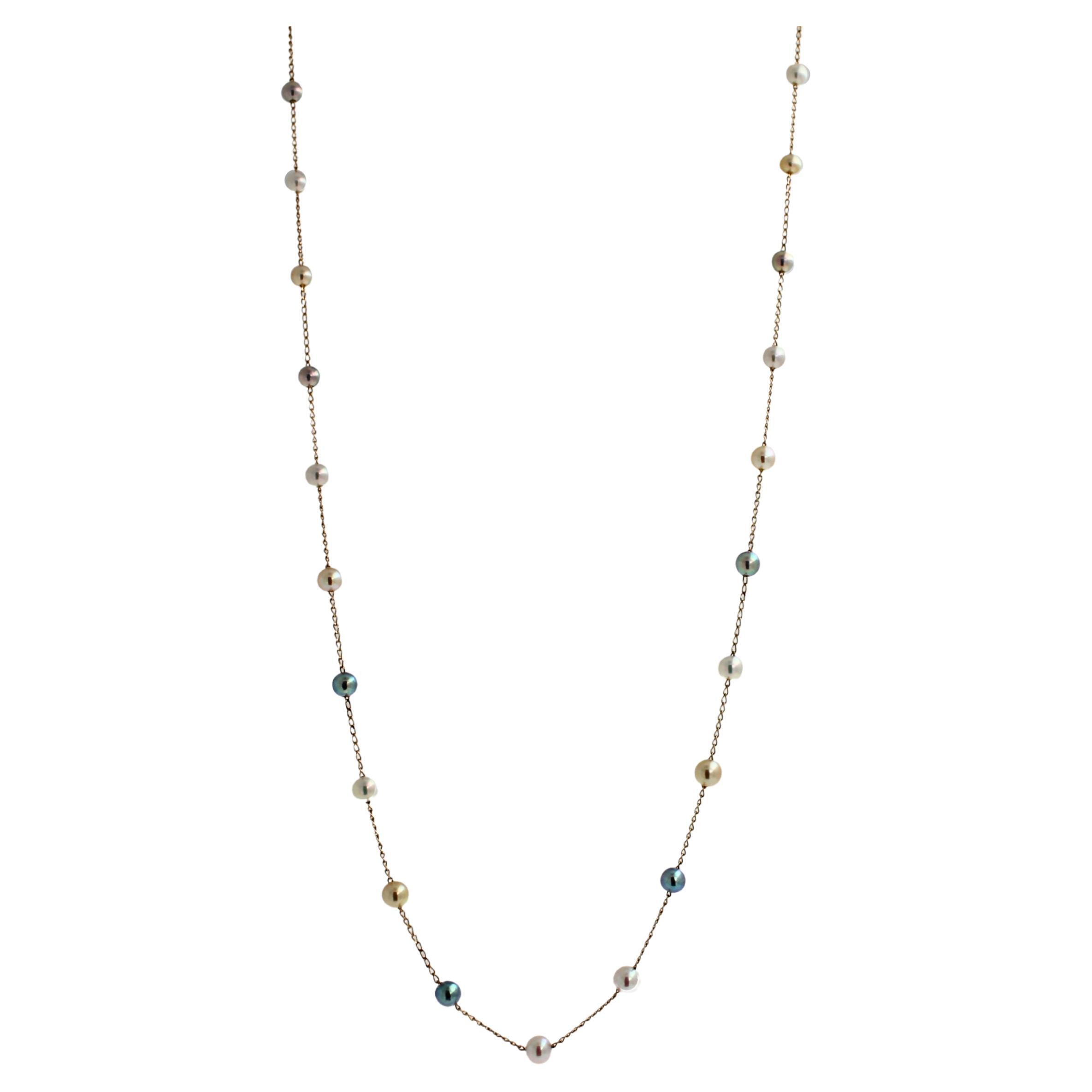 14 Karat Gold Multicolor Akoya Pearl Bead Thin Chain Layer Dainty Necklace For Sale