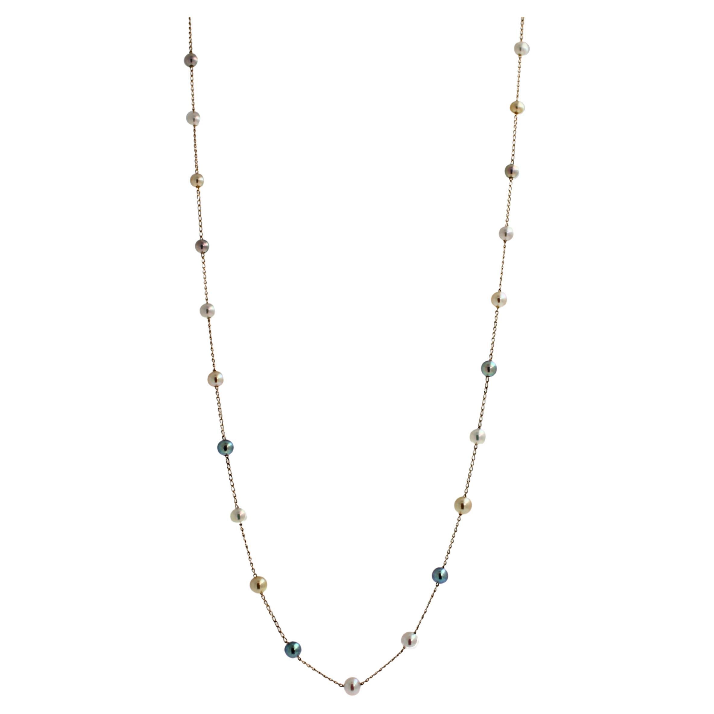 Collier en or 14 carats avec perles d'Akoya multicolores et chaîne fine