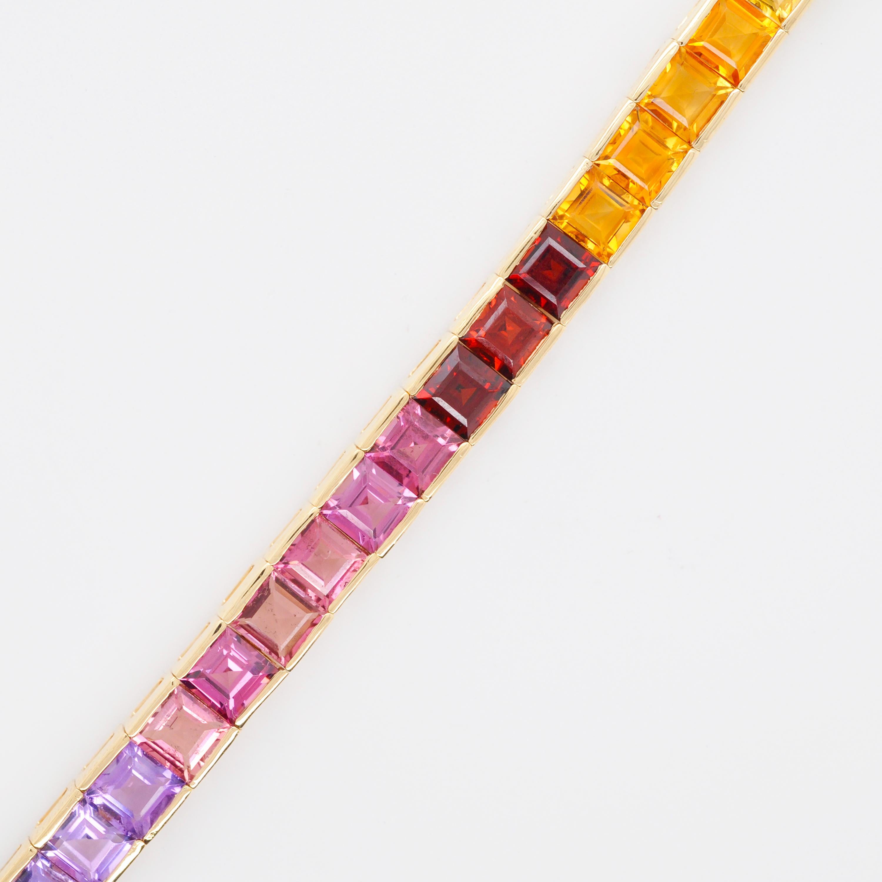 Women's 18K Yellow Gold 4 MM Squares Rainbow Gemstones Tennis Line Bracelet For Sale