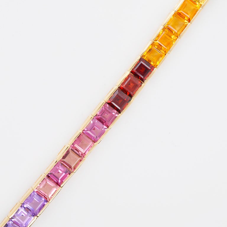 18 Karat Gold 4 MM Squares Multicolor Rainbow Gemstone Tennis Line Bracelet For Sale 3