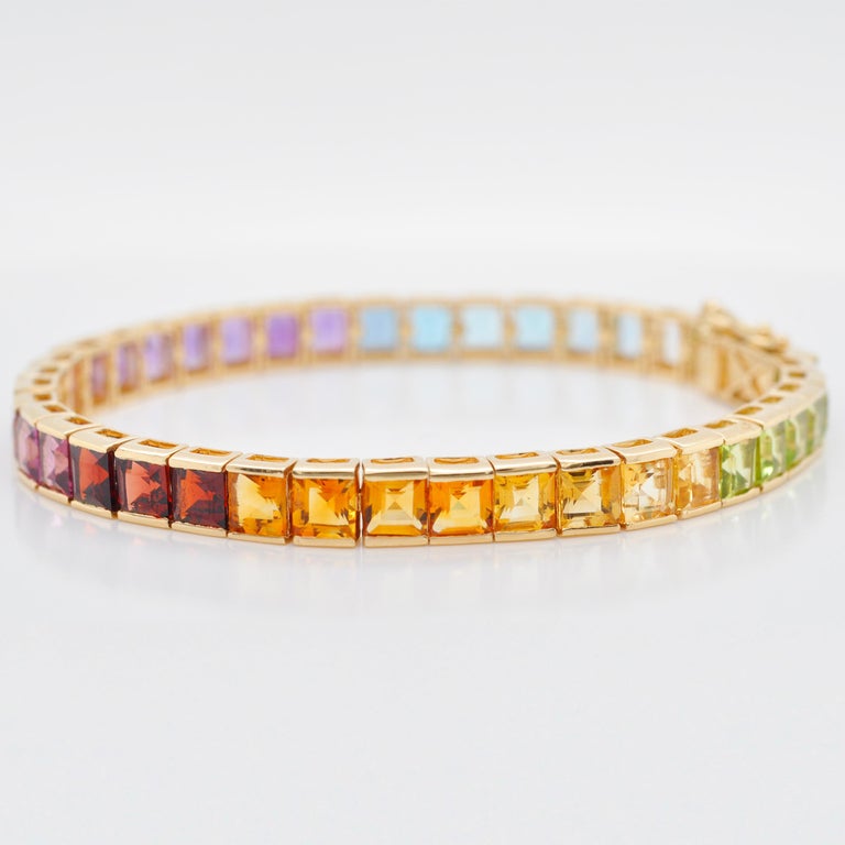 18 Karat Gold 4 MM Squares Multicolor Rainbow Gemstone Tennis Line Bracelet For Sale 7