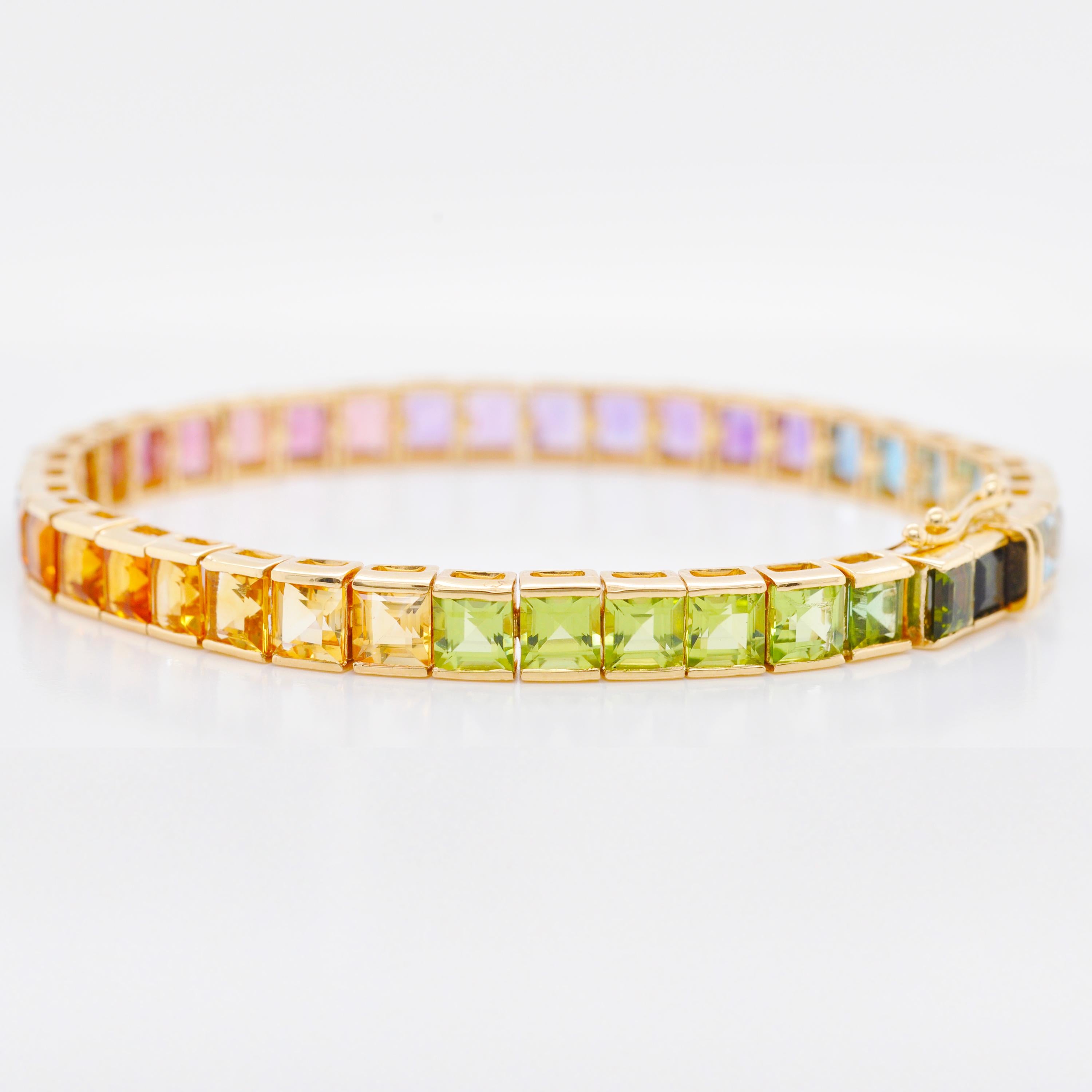 18K Yellow Gold 4 MM Squares Rainbow Gemstones Tennis Line Bracelet For Sale 5