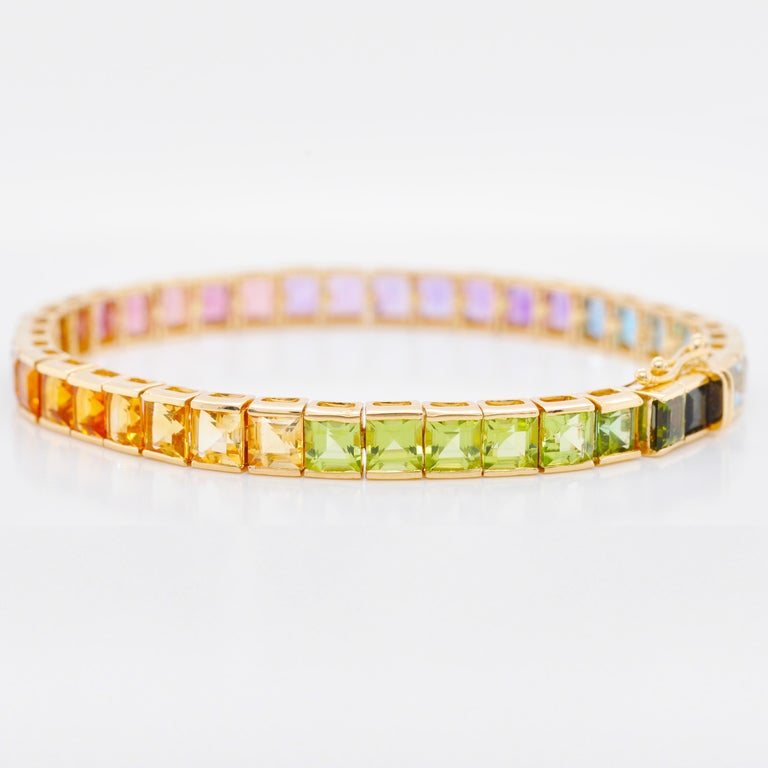 18 Karat Gold 4 MM Squares Multicolor Rainbow Gemstone Tennis Line Bracelet For Sale 8