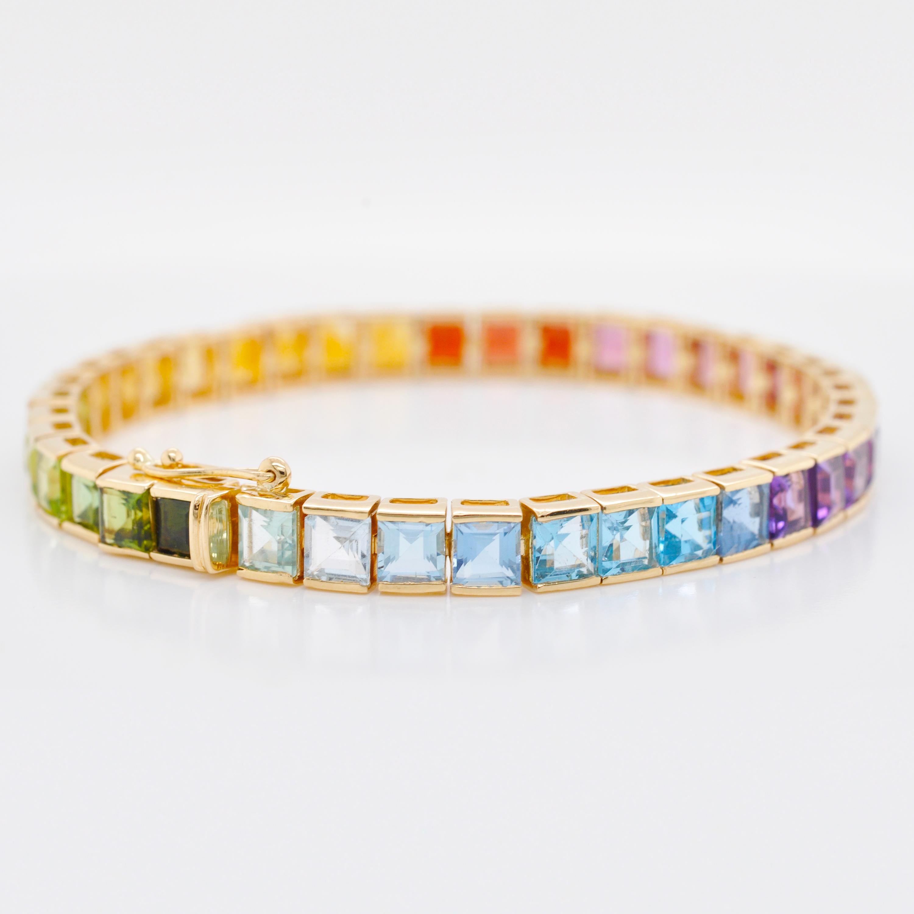 18K Yellow Gold 4 MM Squares Rainbow Gemstones Tennis Line Bracelet For Sale 6