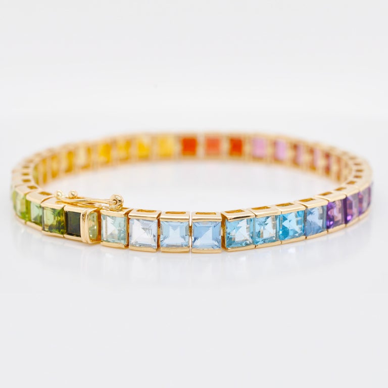 18 Karat Gold 4 MM Squares Multicolor Rainbow Gemstone Tennis Line Bracelet For Sale 9