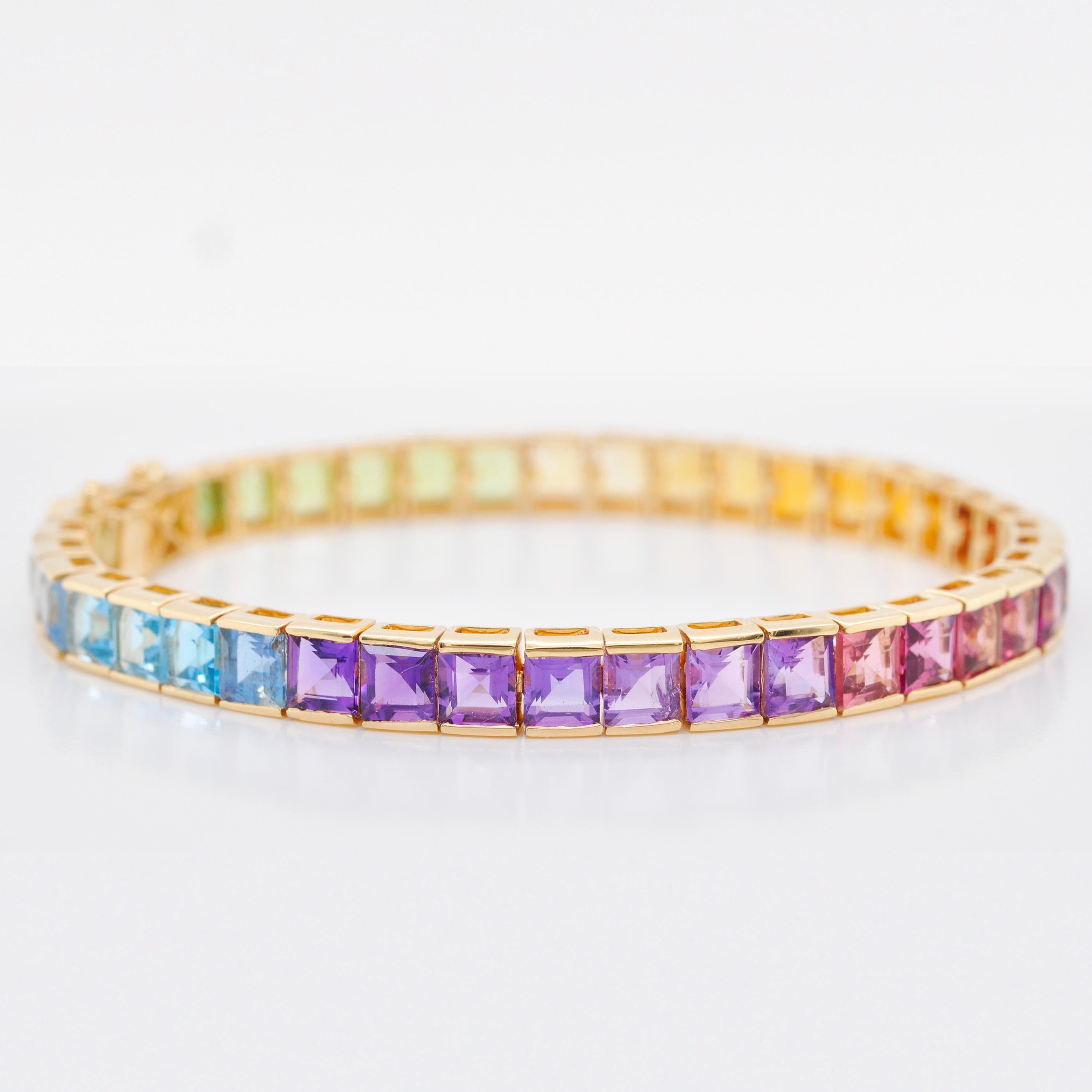 18K Yellow Gold 4 MM Squares Rainbow Gemstones Tennis Line Bracelet For Sale 7