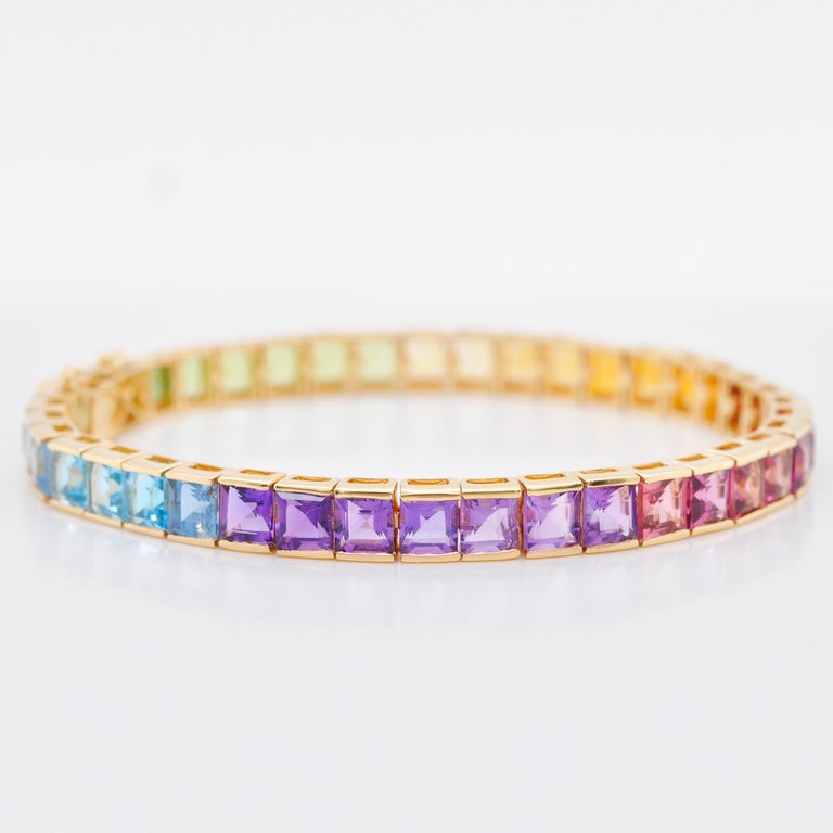 18 Karat Gold 4 MM Squares Multicolor Rainbow Gemstone Tennis Line Bracelet For Sale 10