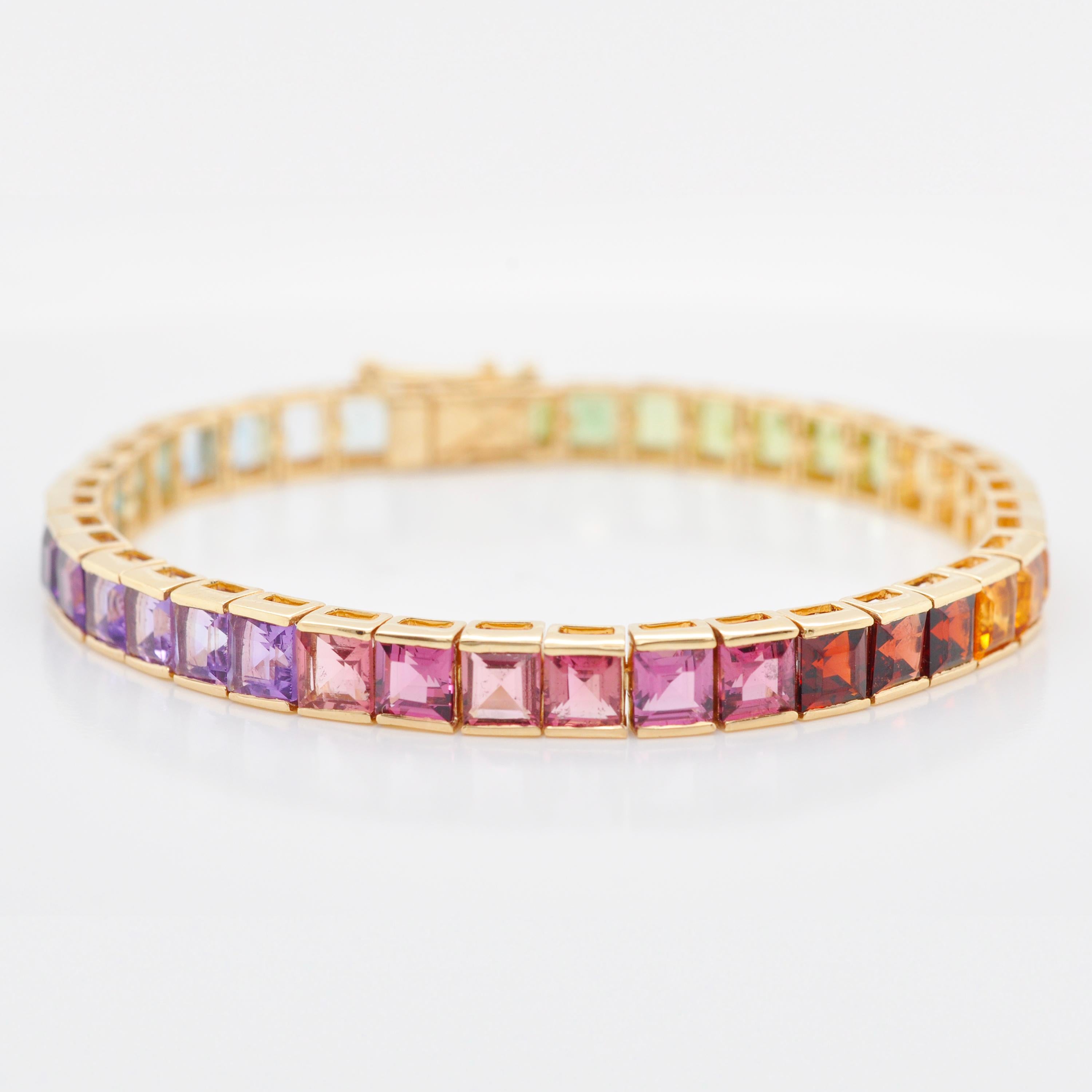 18K Yellow Gold 4 MM Squares Rainbow Gemstones Tennis Line Bracelet For Sale 9