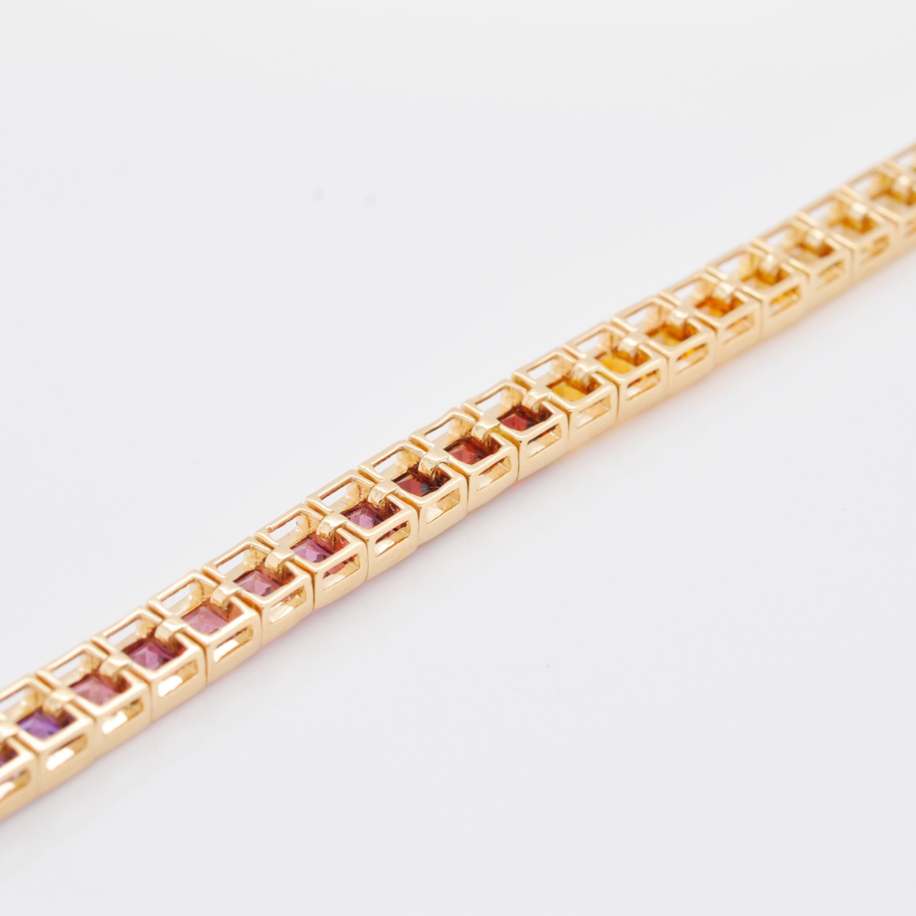 18K Yellow Gold 4 MM Squares Rainbow Gemstones Tennis Line Bracelet For Sale 1