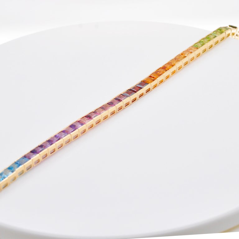 18 Karat Gold 4 MM Squares Multicolor Rainbow Gemstone Tennis Line Bracelet For Sale 1