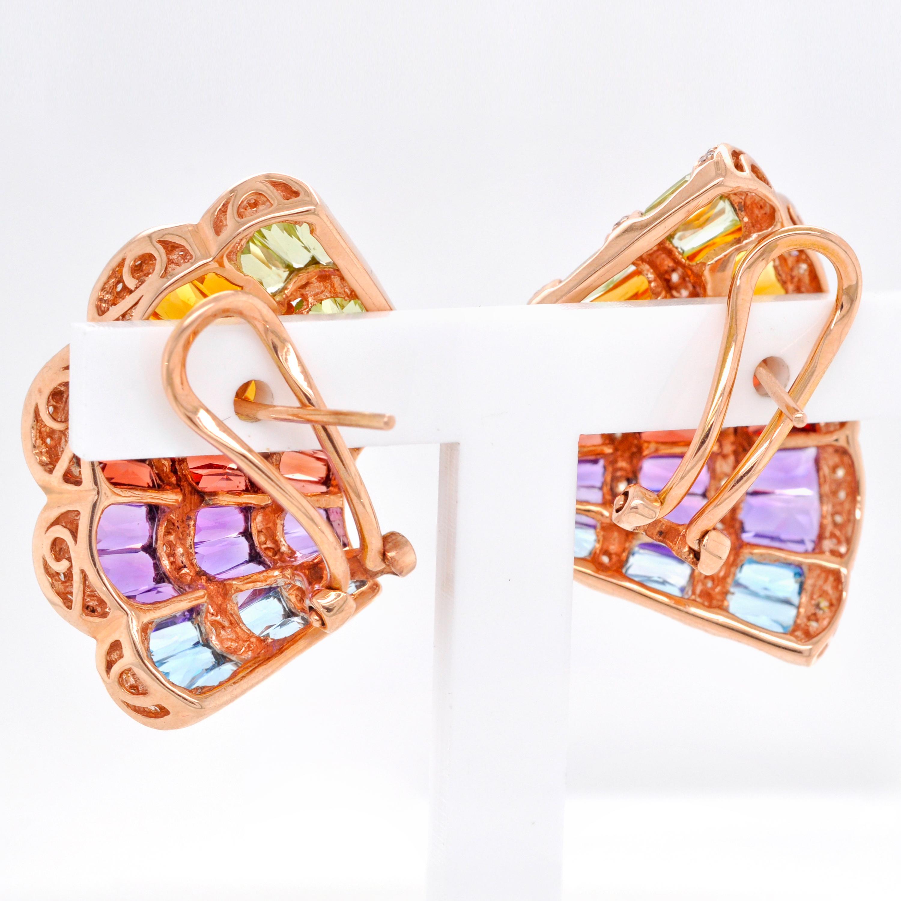 Women's 14 Karat Gold Multicolor Rainbow Fan Shaped Diamond Contemporary Stud Earrings
