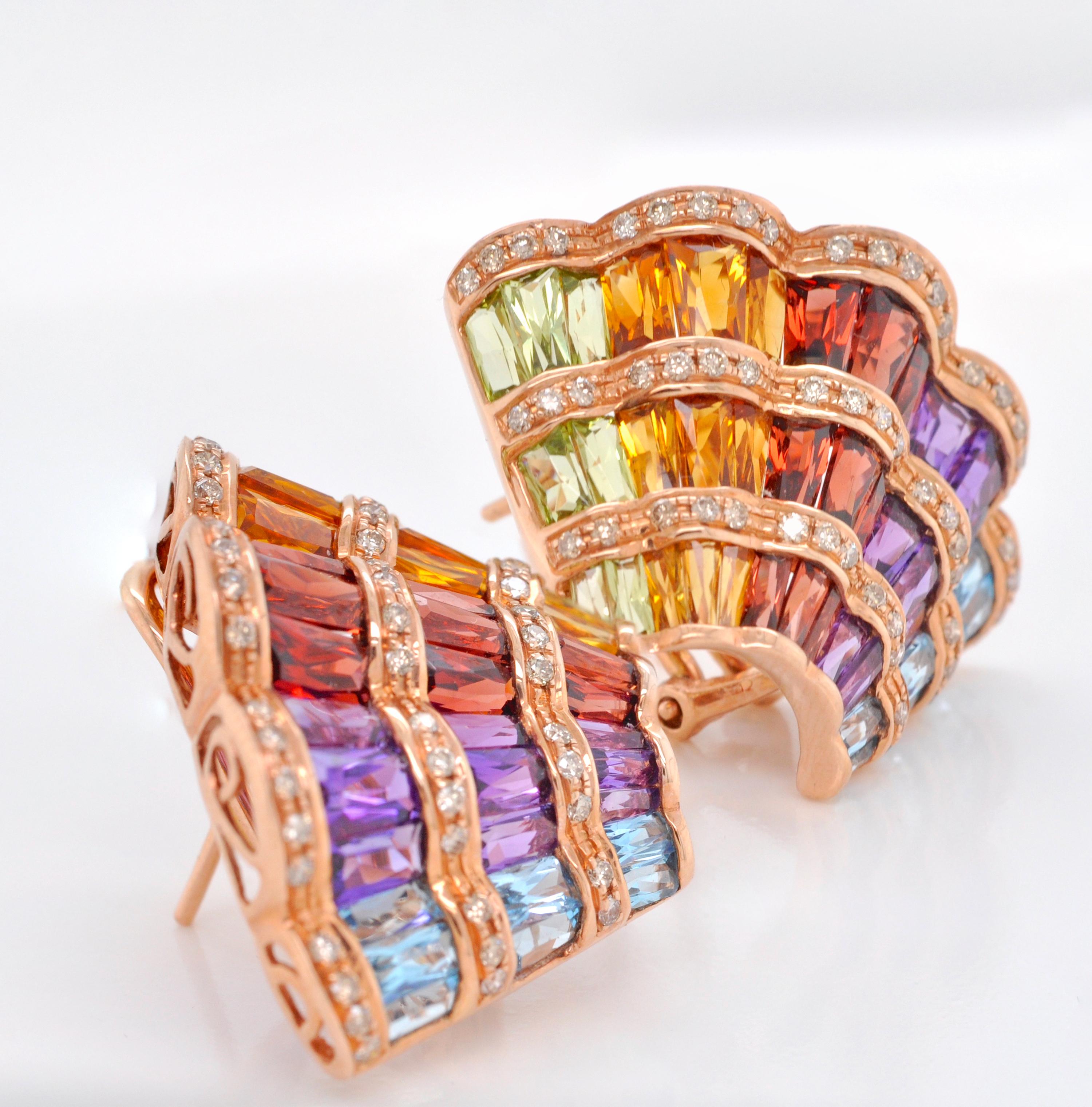 14 Karat Gold Multicolor Rainbow Fan Shaped Diamond Contemporary Stud Earrings 1