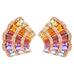 14 Karat Gold Multicolor Rainbow Fan Shaped Diamond Contemporary Stud Earrings