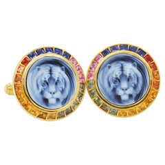14 Karat Gold Multicolor Rainbow Sapphires Agate Tiger Cameo Cufflinks