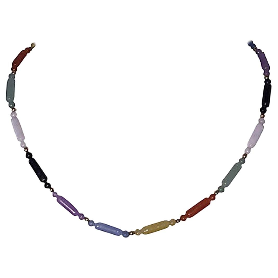 14 Karat Gold Multicolored Jadeite Bead Necklace For Sale