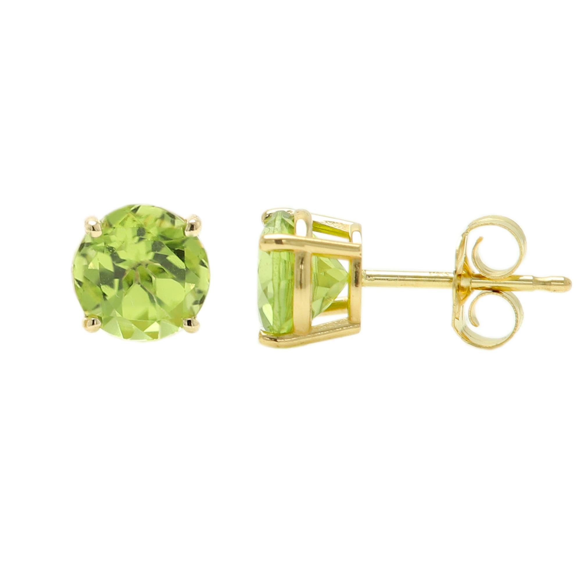 Women's 14 Karat Gold Natural Peridot Earring Studs Green Round Gemstone Earrings Studs For Sale