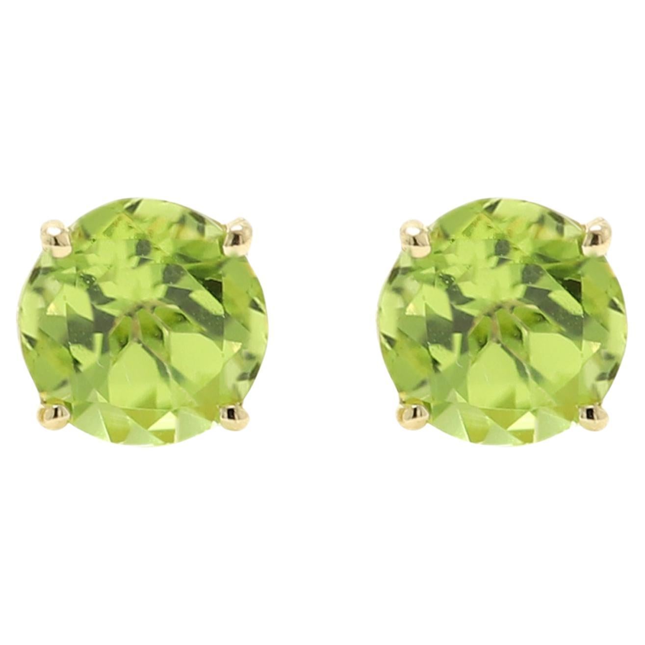 14 Karat Gold Natural Peridot Earring Studs Green Round Gemstone Earrings Studs For Sale