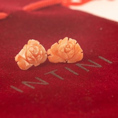 14 Karat Gold Natural Pink Coral Carved Rose Flower Stud Crafted Girl Earrings