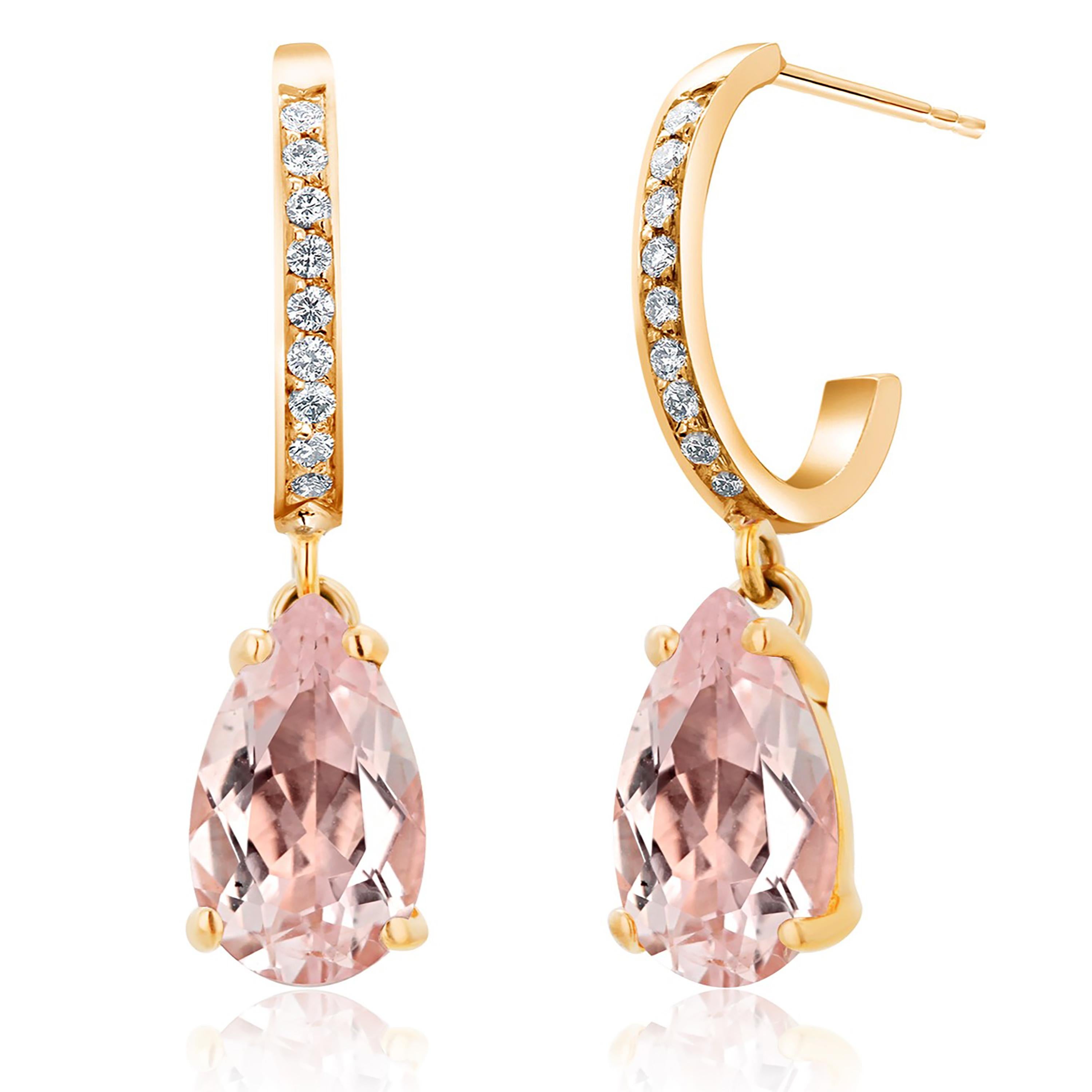Pear Cut 14 Karat Gold Natural Pink Pear Morganite Diamond 2.87 Carat 1 Inch Earrings For Sale