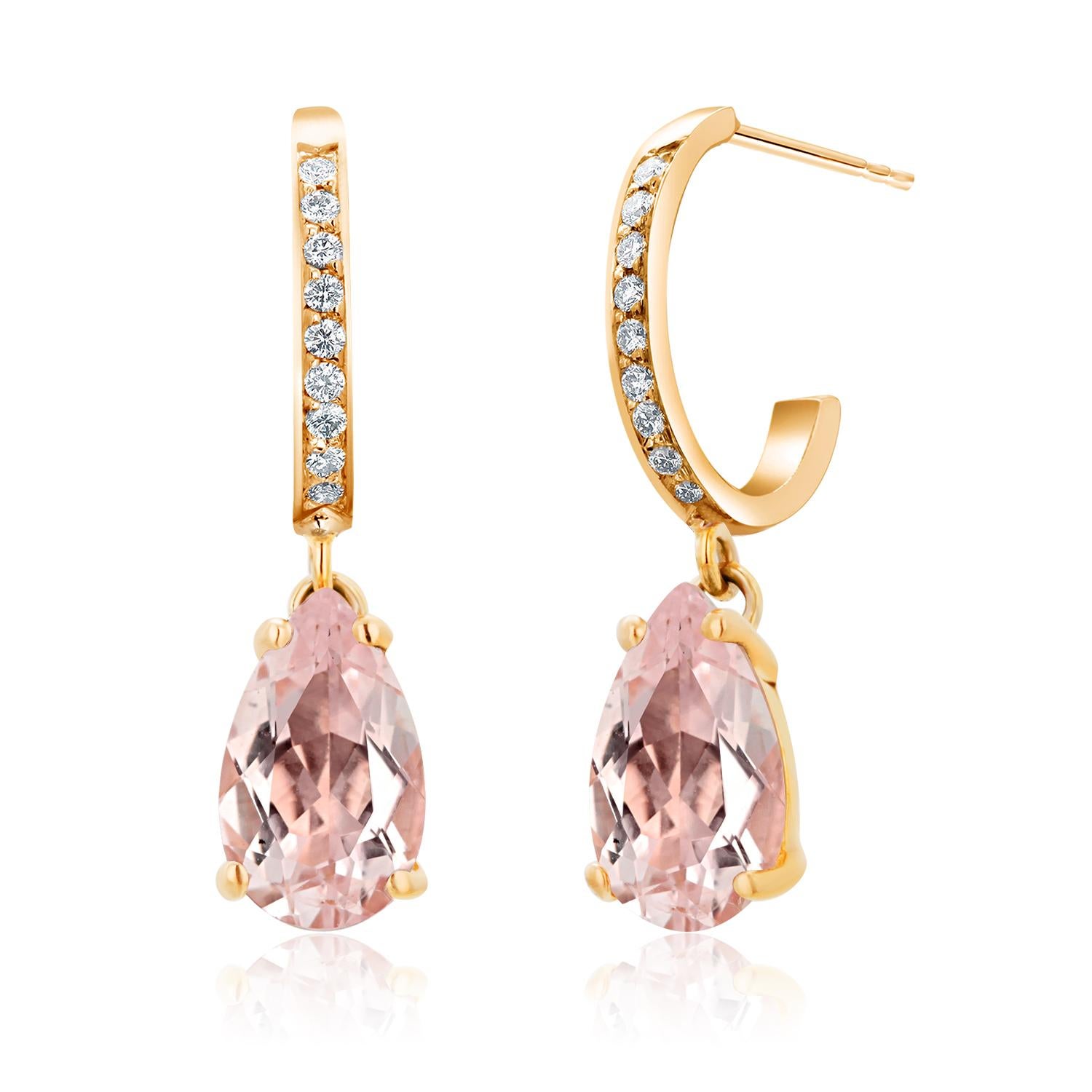 Women's 14 Karat Gold Natural Pink Pear Morganite Diamond 2.87 Carat 1 Inch Earrings For Sale