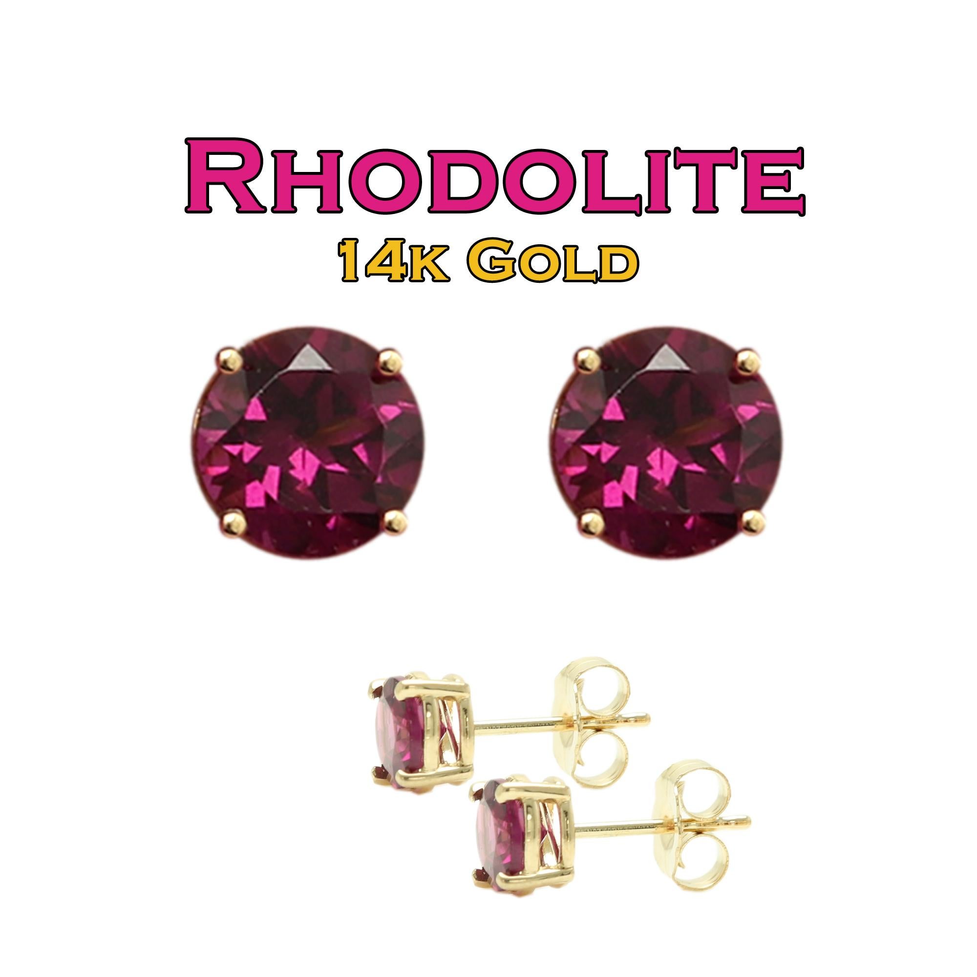 14 Karat Gold Natural Rhodolite Earring Studs Red Round Gemstone Earrings Studs For Sale 5