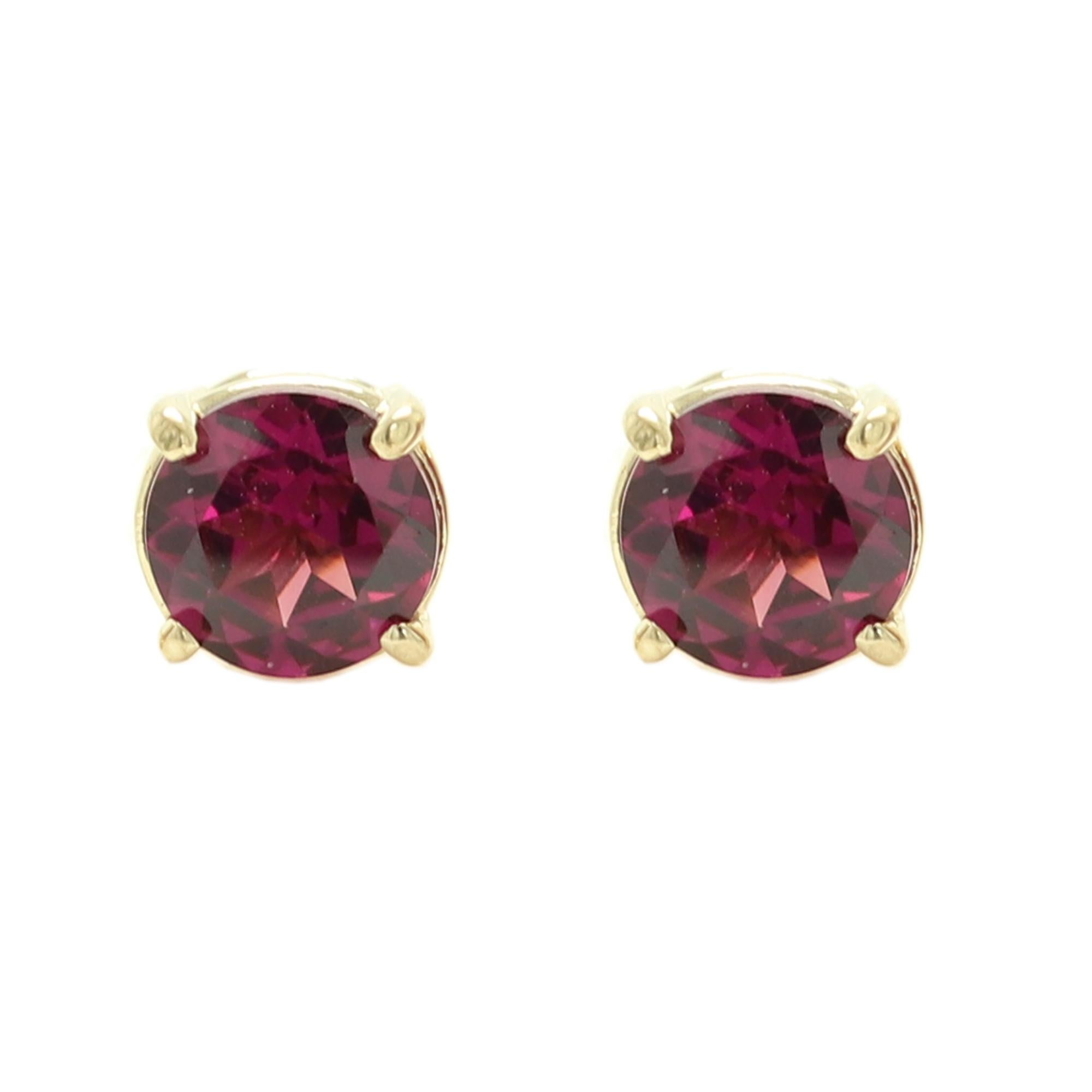 Natural Rhodolite gem Earring Studs
Approx. 6.0mm / 1.00 carat - each stone
The Actual color is similar to maroon 
Simple but Elegant and real natural gems 
Solid 14k yellow Gold approx weight 1.20 grams
with push back closures
Included a cute Gift