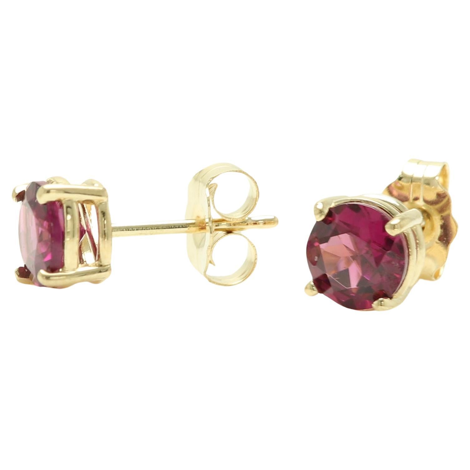 Round Cut 14 Karat Gold Natural Rhodolite Earring Studs Red Round Gemstone Earrings Studs For Sale