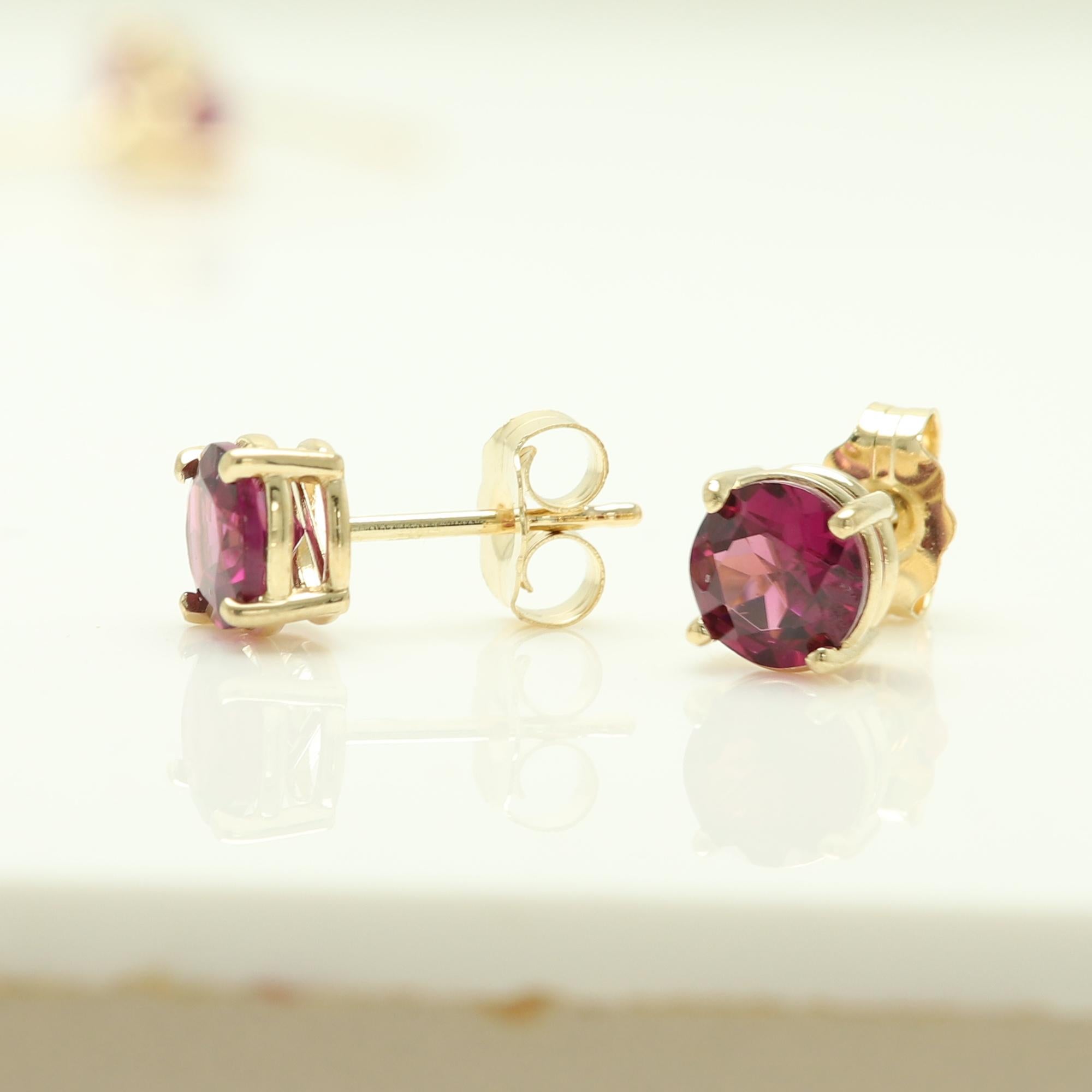 14 Karat Gold Natural Rhodolite Earring Studs Red Round Gemstone Earrings Studs For Sale 1