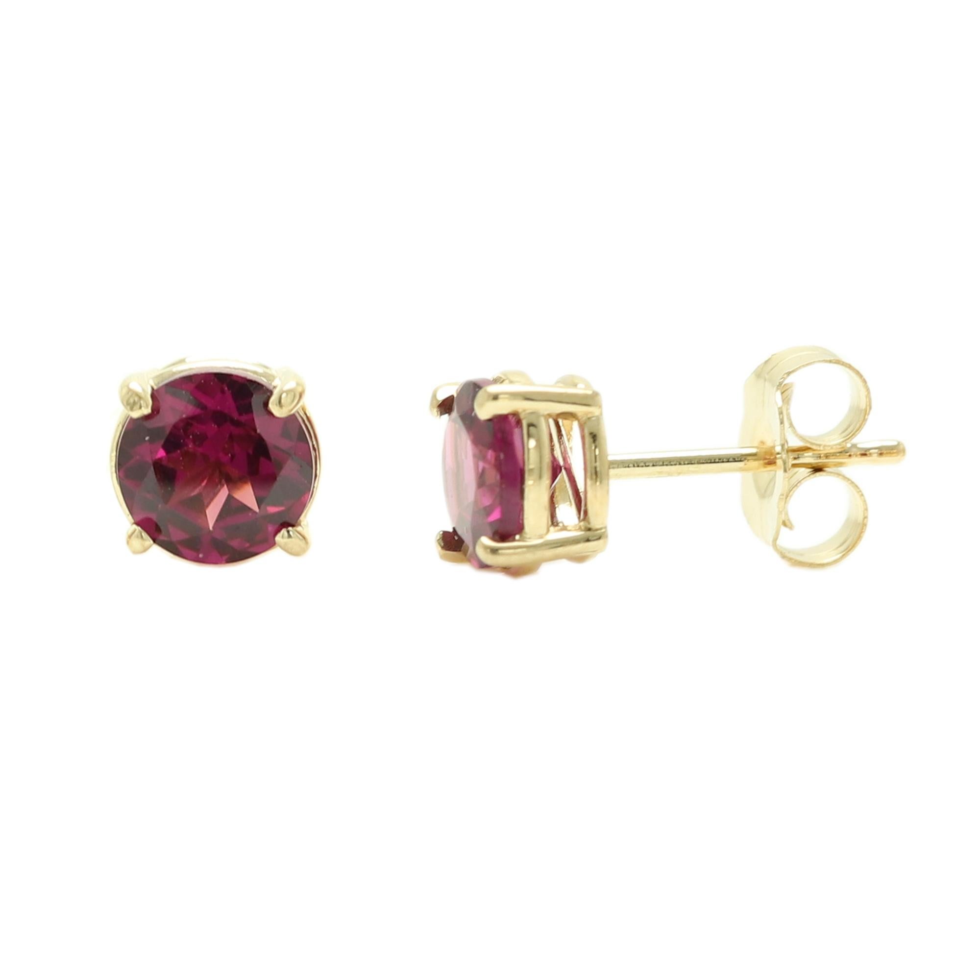 14 Karat Gold Natural Rhodolite Earring Studs Red Round Gemstone Earrings Studs For Sale 2
