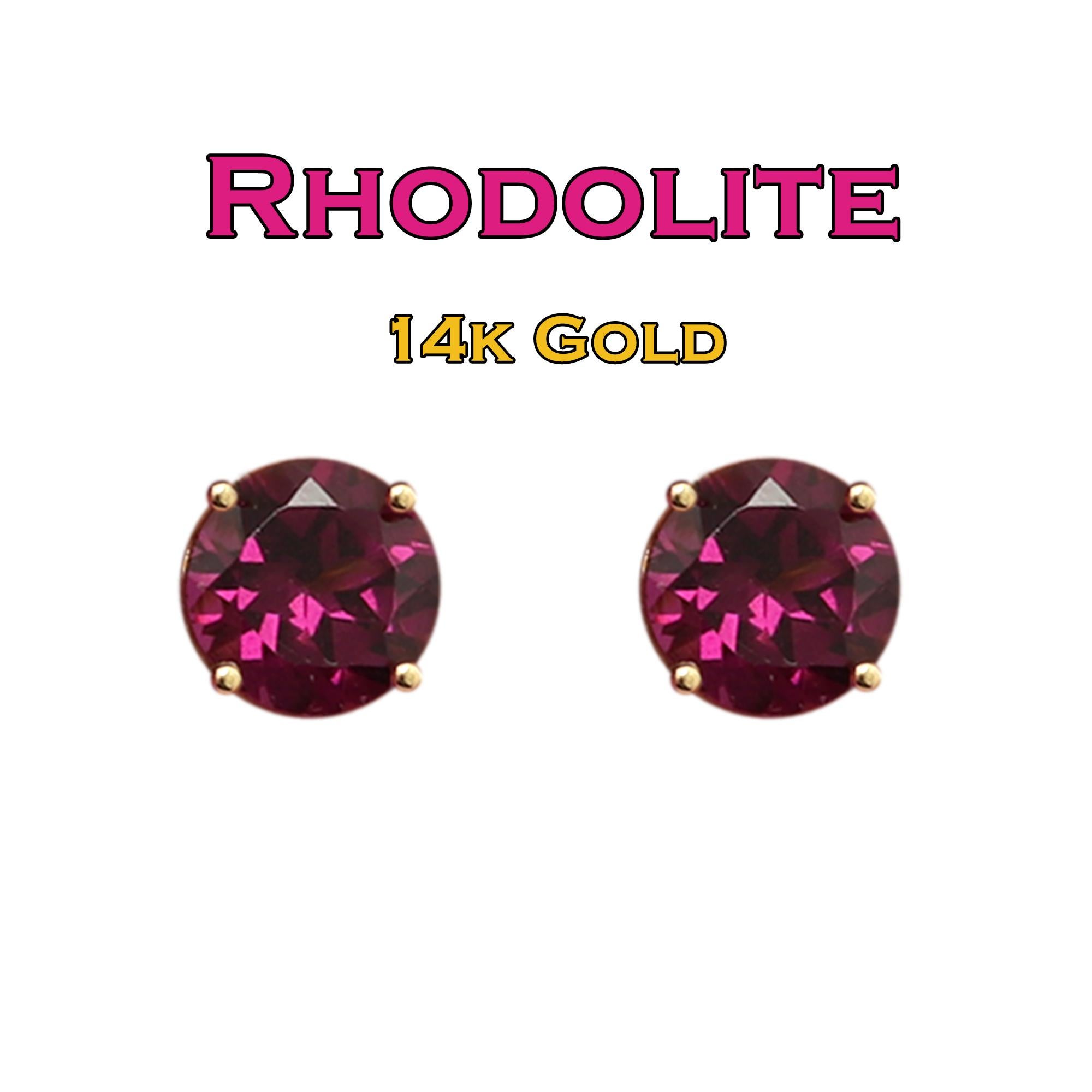 14 Karat Gold Natural Rhodolite Earring Studs Red Round Gemstone Earrings Studs For Sale 4