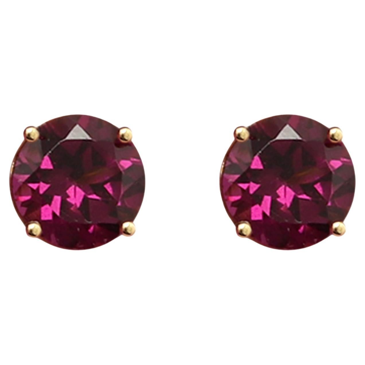 14 Karat Gold Natural Rhodolite Earring Studs Red Round Gemstone Earrings Studs