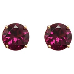 14 Karat Gold Natural Rhodolite Earring Studs Red Round Gemstone Earrings Studs