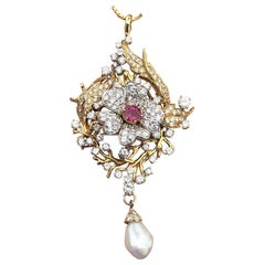 14 Karat Gold Natural Ruby Diamond
Pearl Flower Brooch Pendant 4.60 Carat 27g 14 Karat Gold Natural Ruby Diamond
Pearl Flower Brooch Pendant 4.60 Carat 27g
