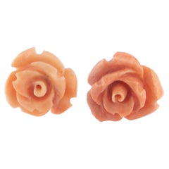 14 Karat Gold Natural Salmon Coral Carved Rose Flower Stud Crafted Girl Earrings