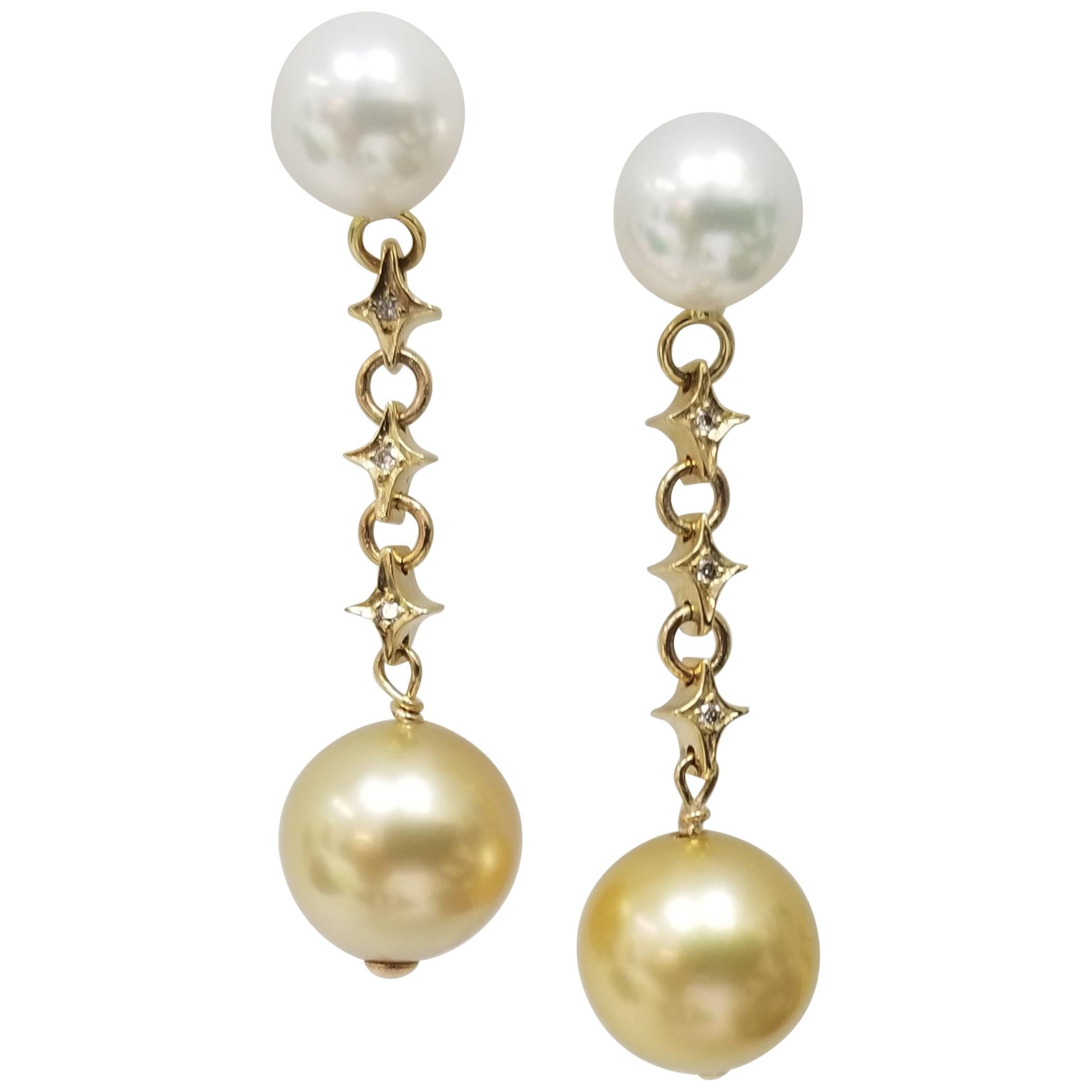 14 Karat Gold Natural White and Yellow South Sea Pearl and Diamond Earrings