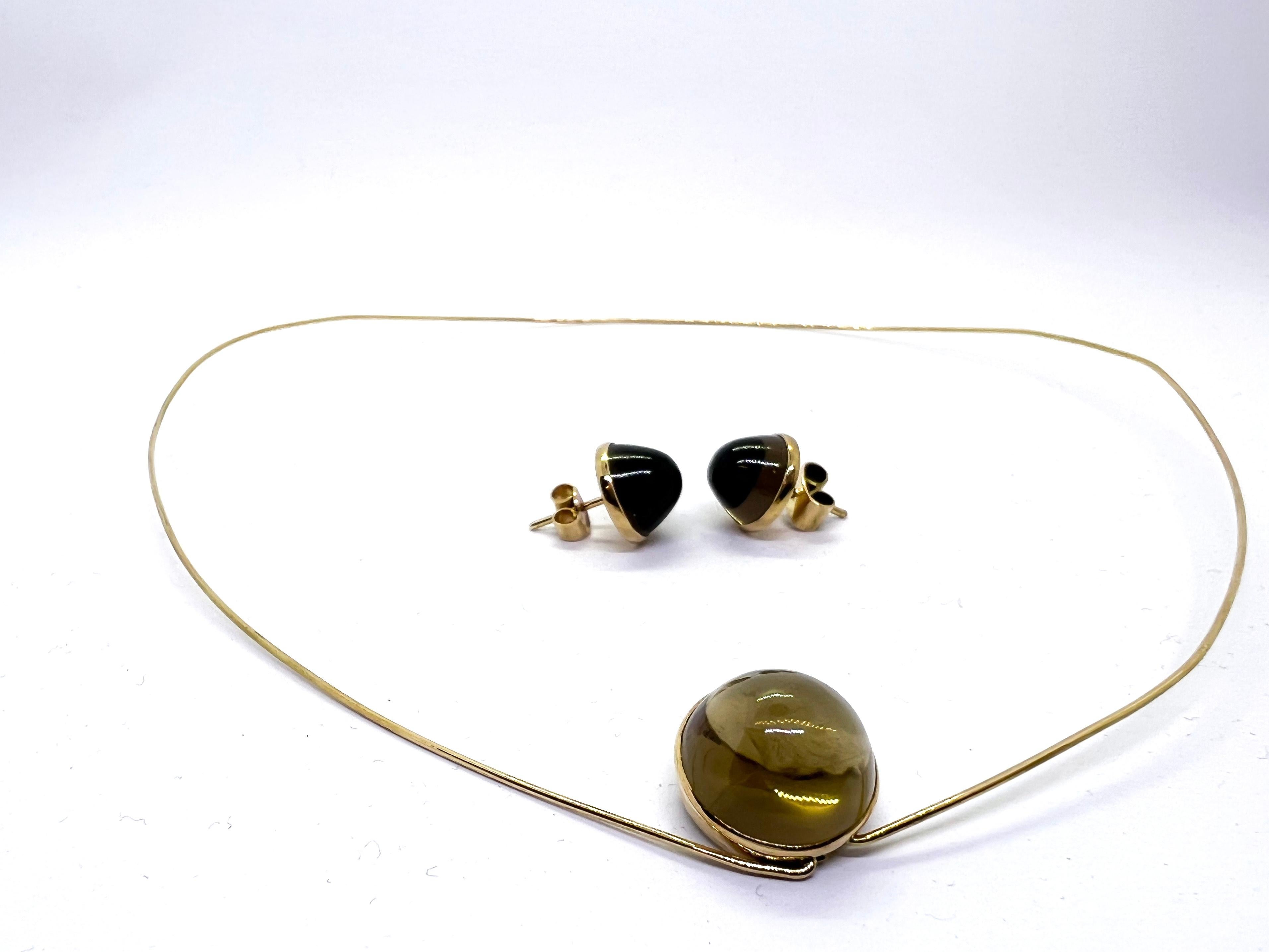Modernist 14 Karat Gold Necklace and Earrings, Smoky Quartz For Sale