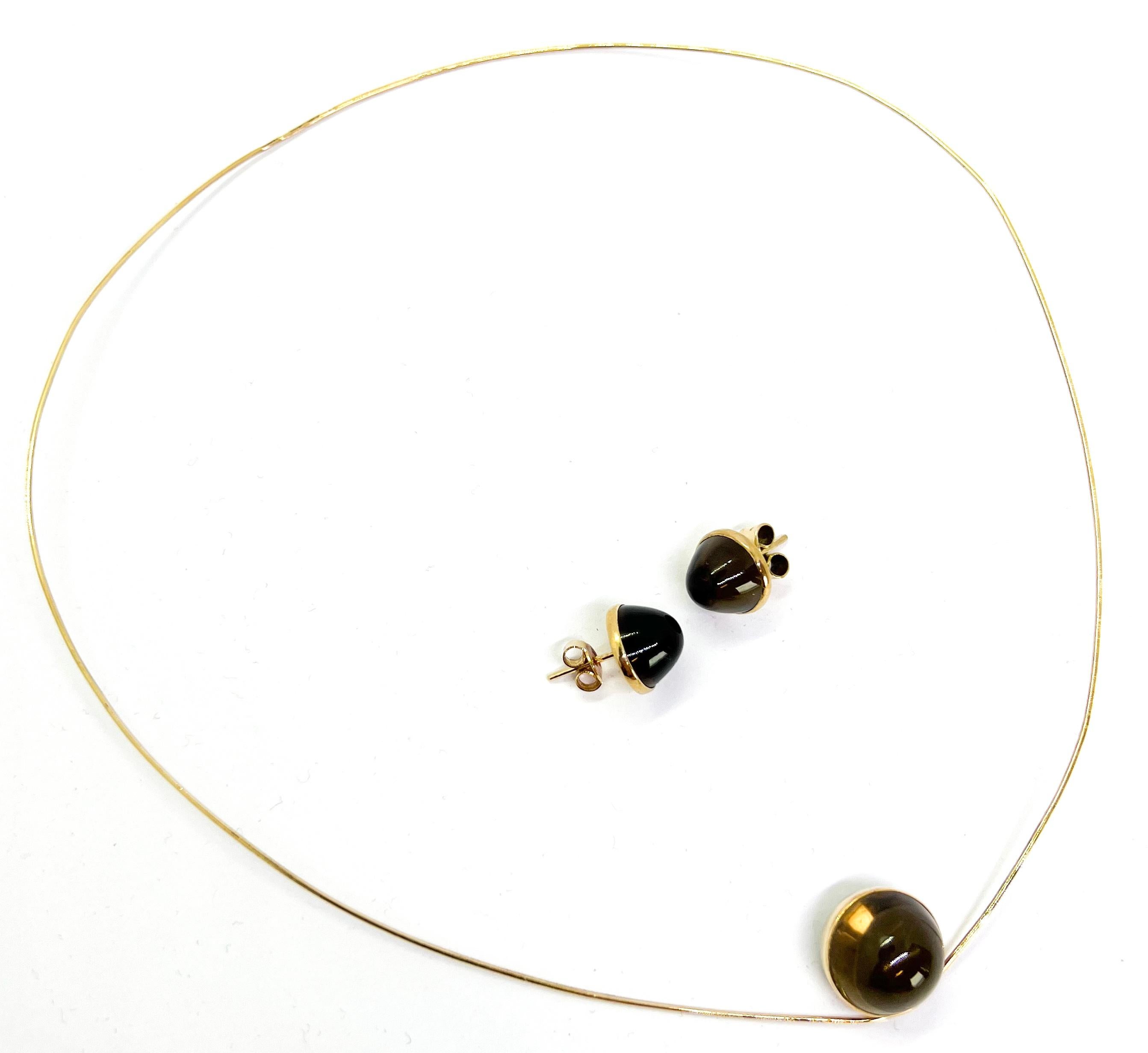 14 Karat Gold Necklace and Earrings, Smoky Quartz For Sale 2