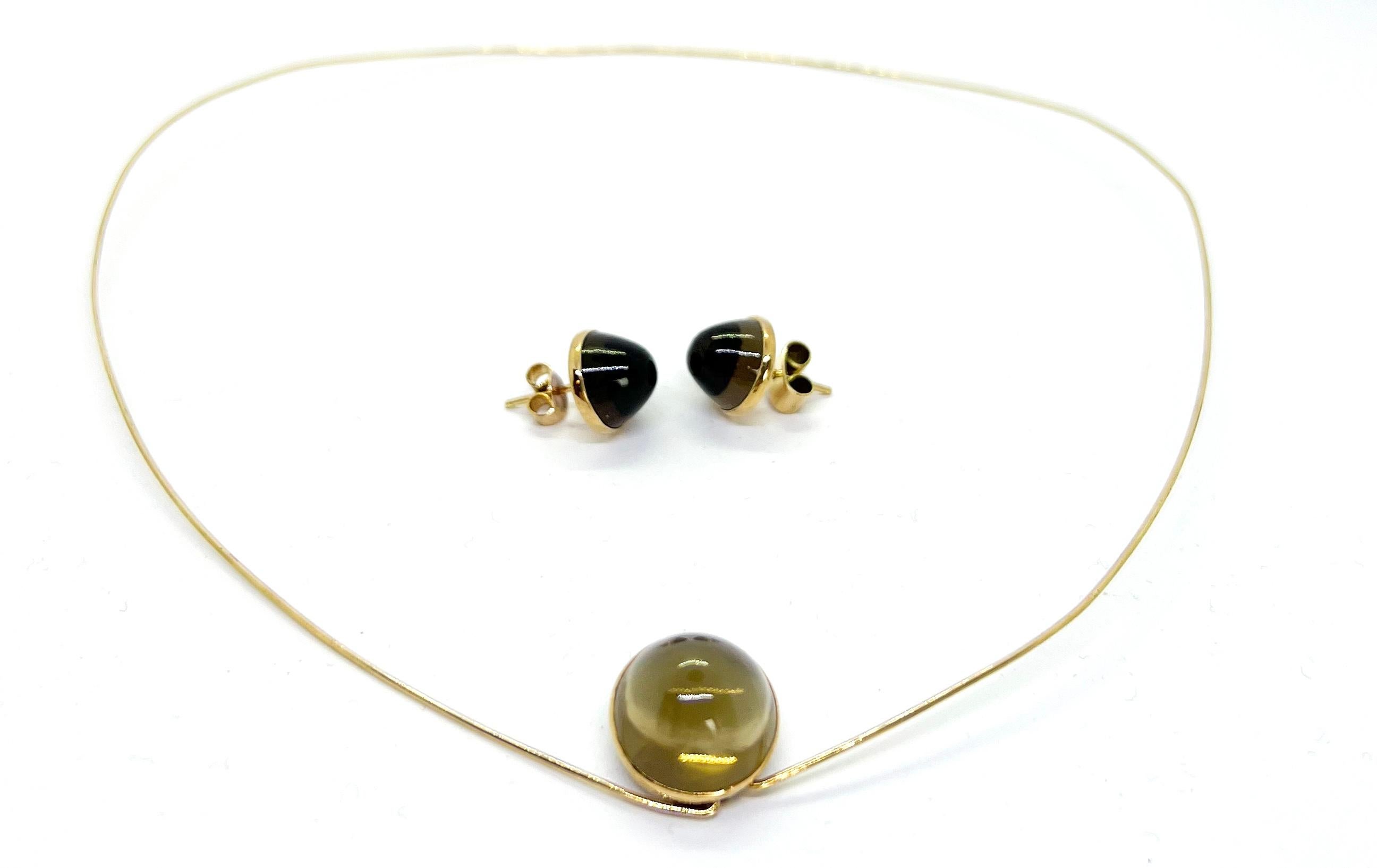 14 Karat Gold Necklace and Earrings, Smoky Quartz For Sale 3