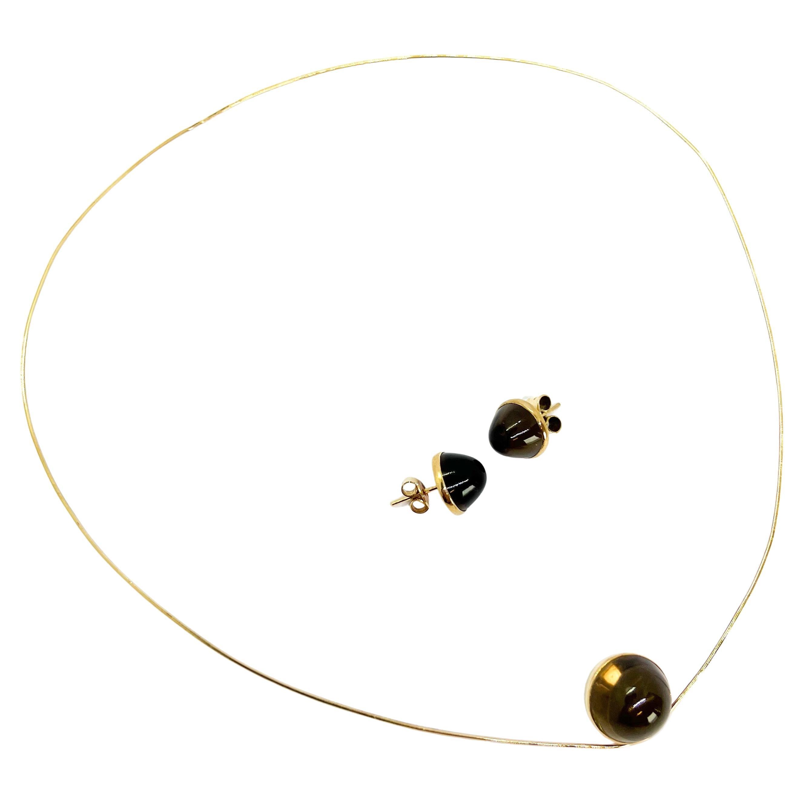 14 Karat Gold Necklace and Earrings, Smoky Quartz For Sale