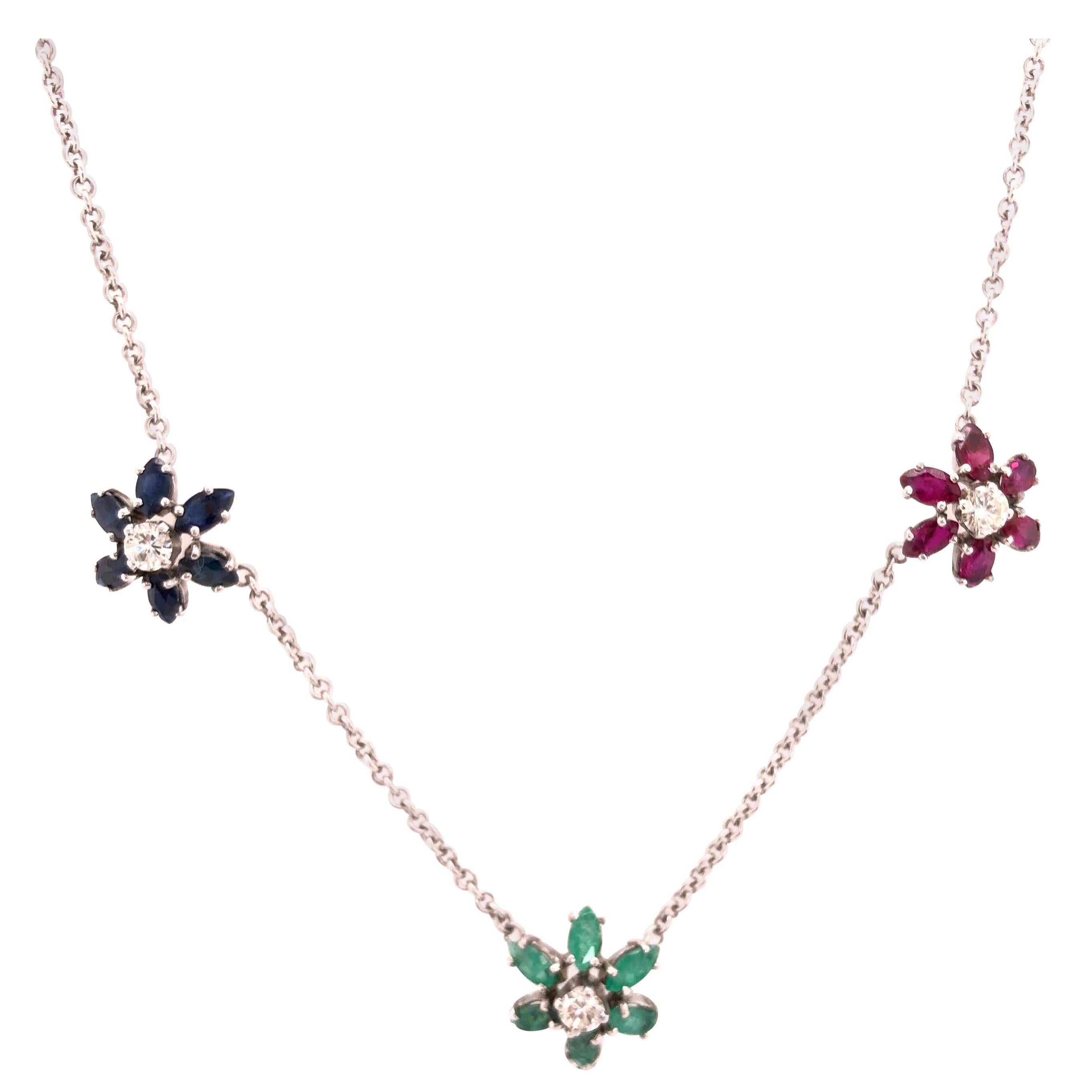 14 Karat Gold Necklace with 3 Flowers in Ruby Sapphire Emerald with Diamonds