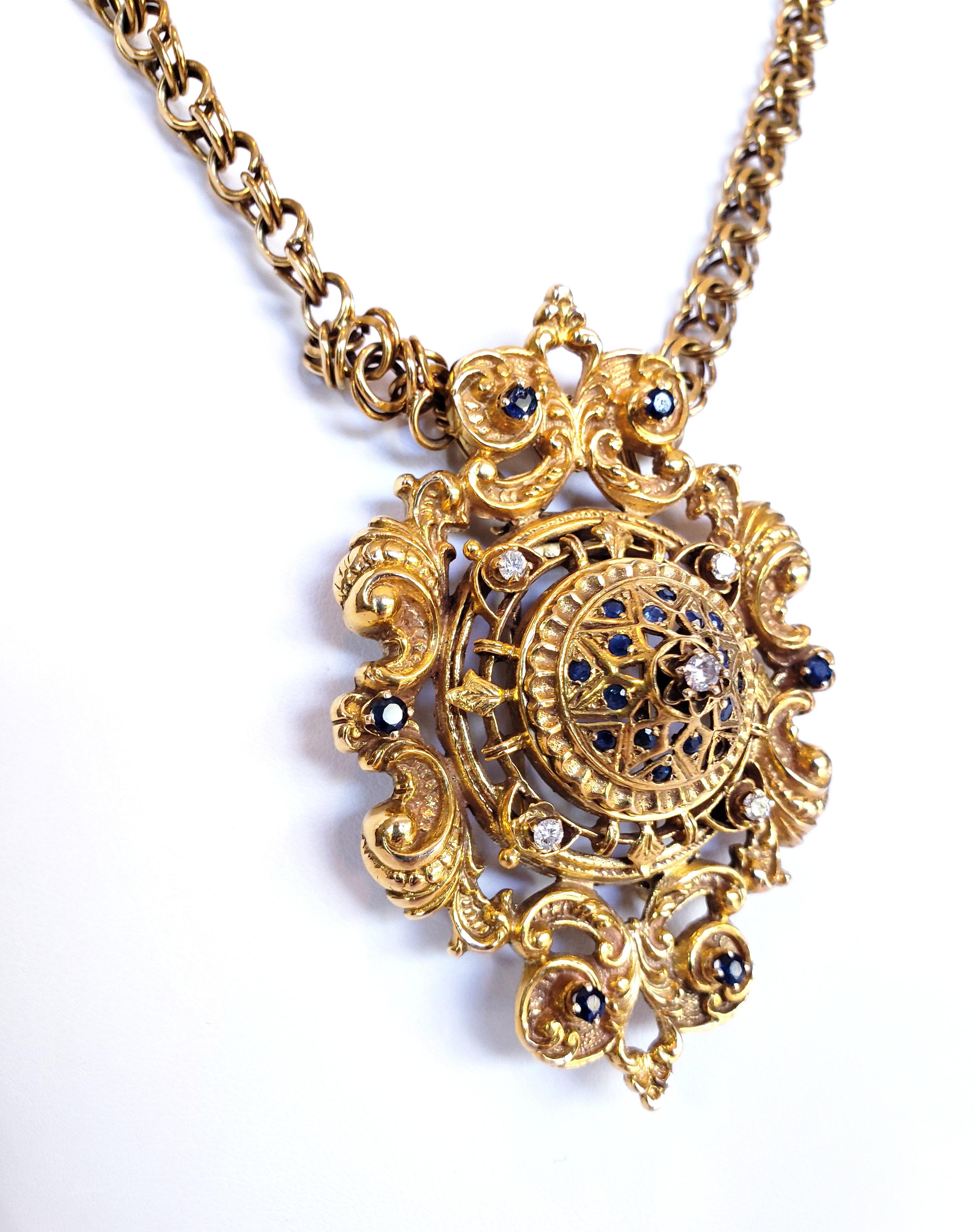 14 Karat Gold Necklace with Highly Stylized Diamond and Sapphire Pendant/Brooch In Excellent Condition For Sale In West Hollywood, CA