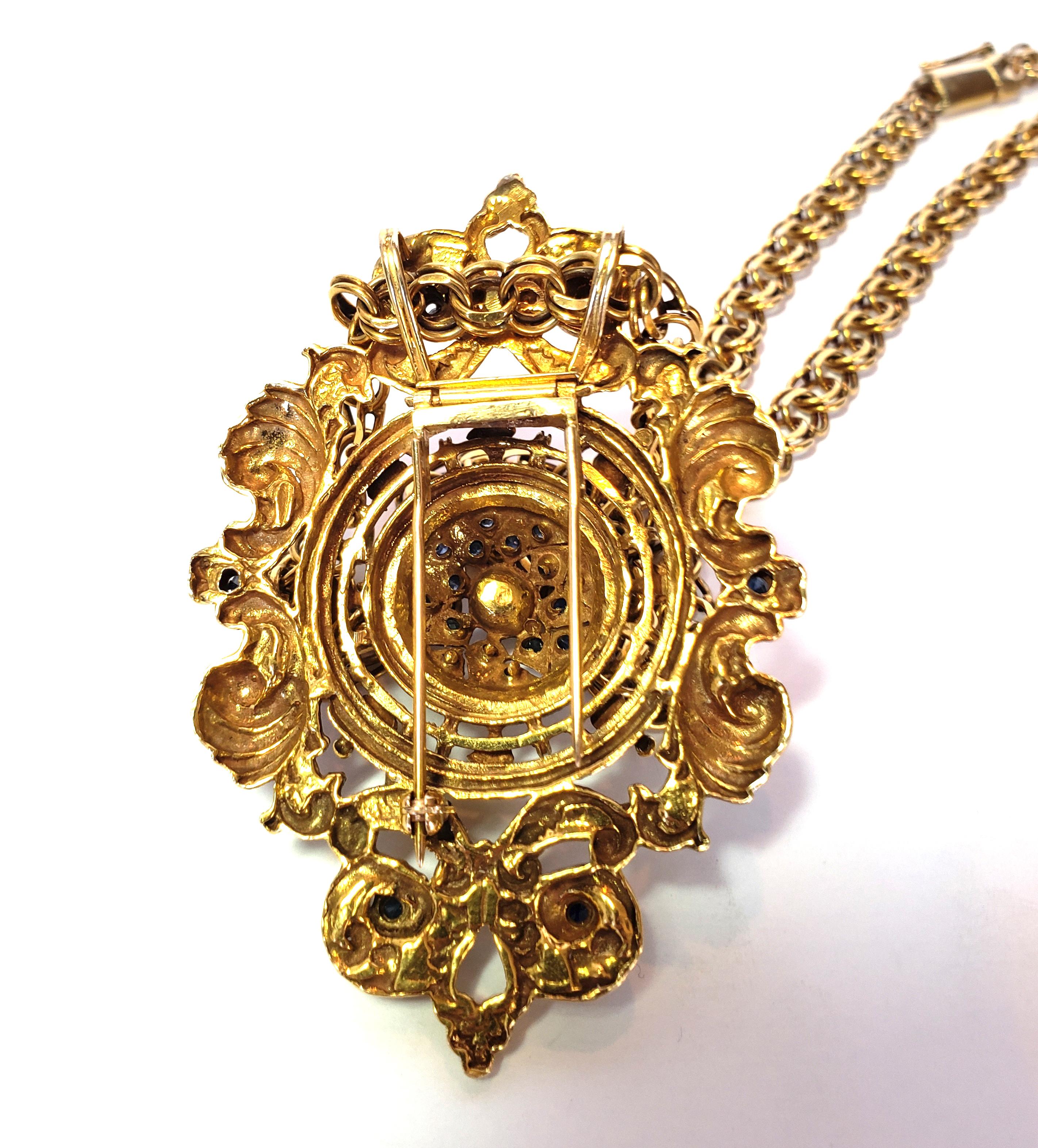 14 Karat Gold Necklace with Highly Stylized Diamond and Sapphire Pendant/Brooch For Sale 2